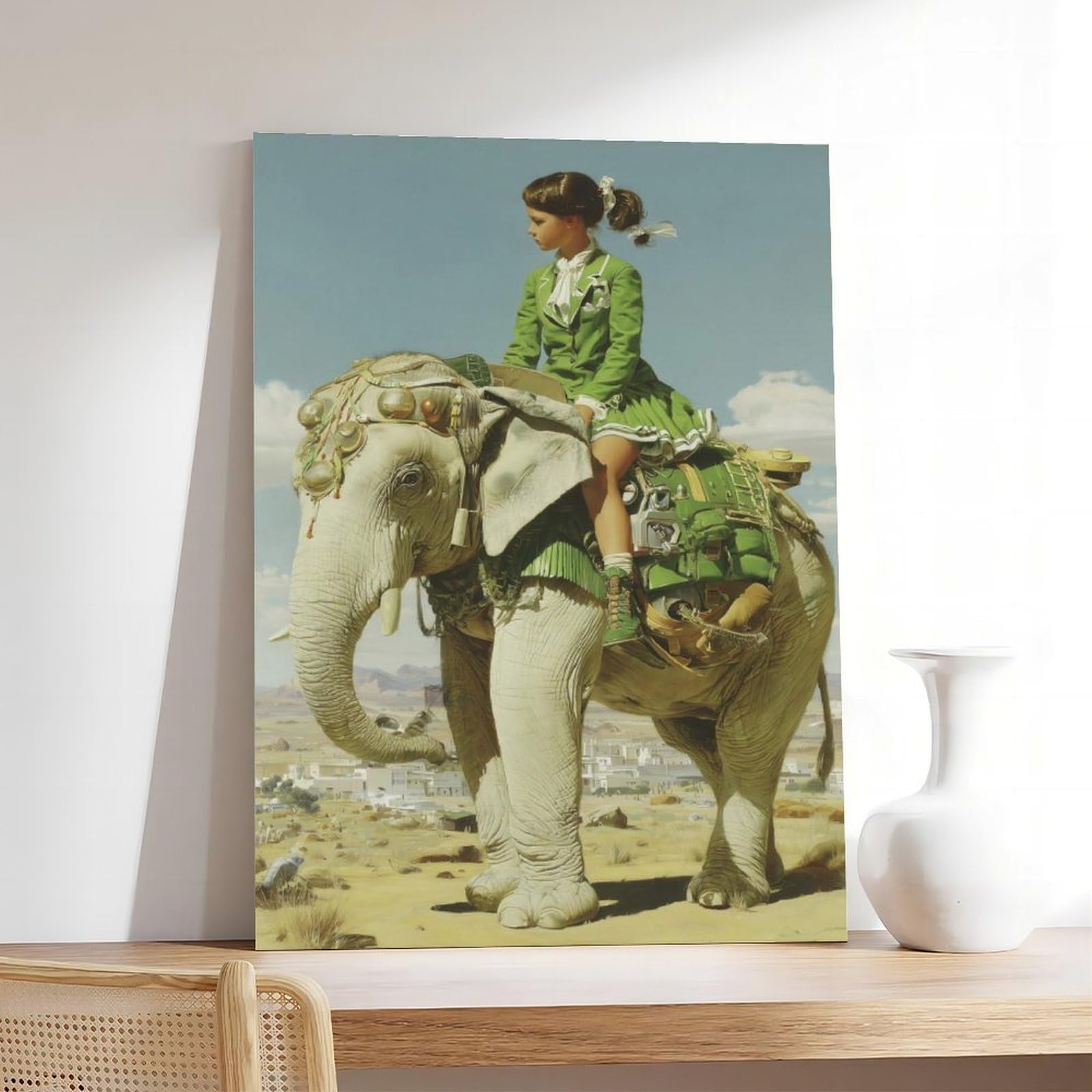 Poster su tela con elefante che cavalca una ragazza