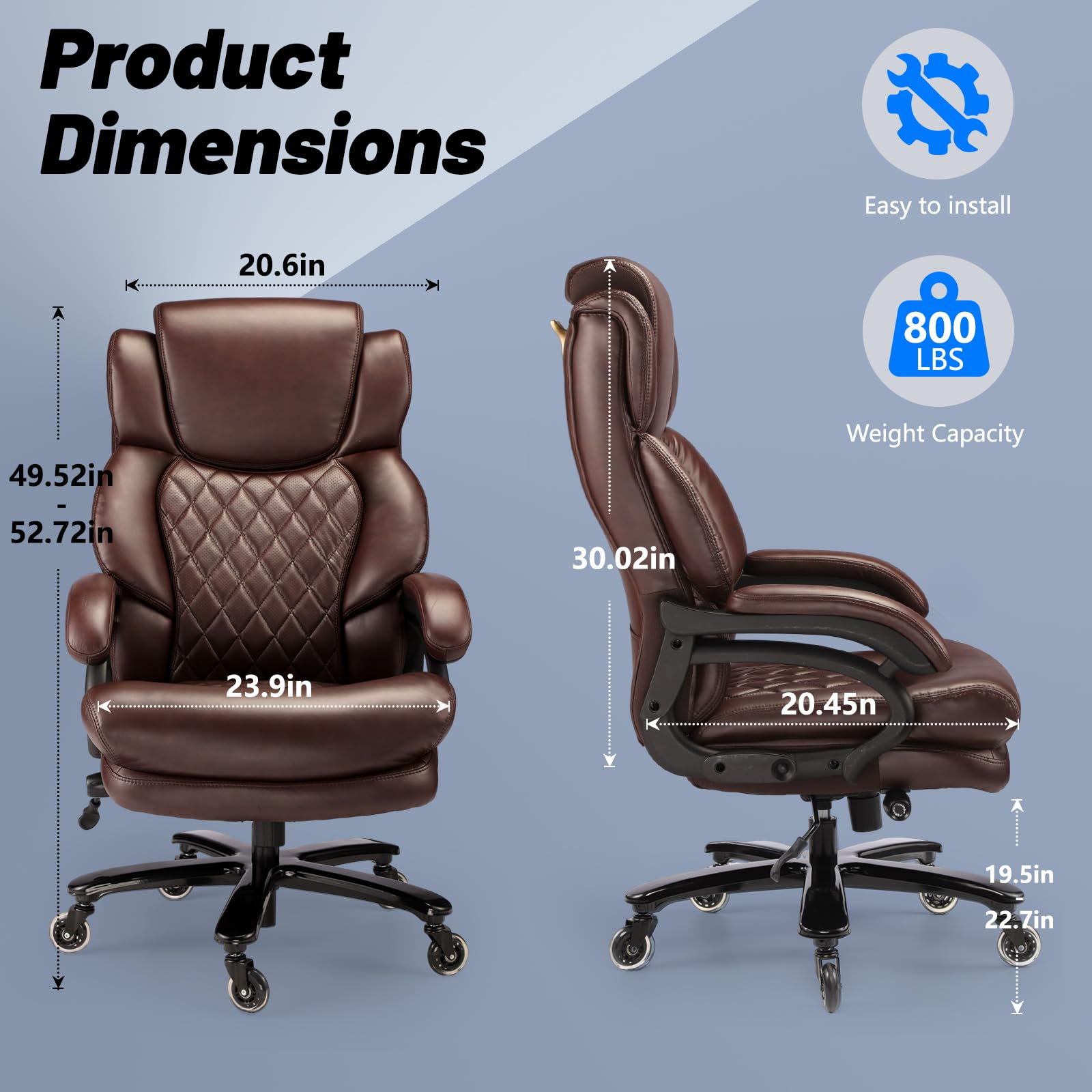 800lbs Big and Tall Office Chair, Executive Chair with Adjustable Headrest, High Back Extra Wide Seat, Heavy Duty PU Leather for Home Office, Comfortable Large Computer Desk Chair