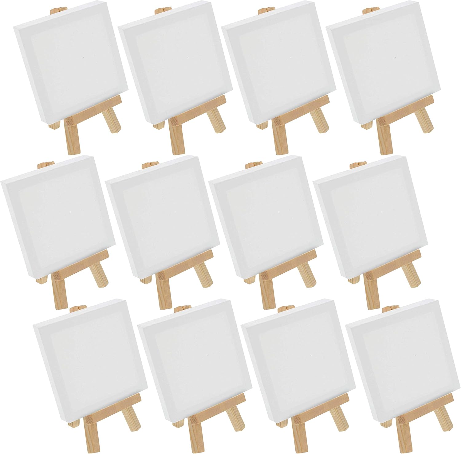 U.S. Art Supply 4" x 6" Stretched Canvas with 8" High Small Natural Wooden Easel (12 Pack), A-Frame Canvas Stand Tripod, Small Painting Easels - Tabletop Easel for Painting, Canvases, Student Crafts