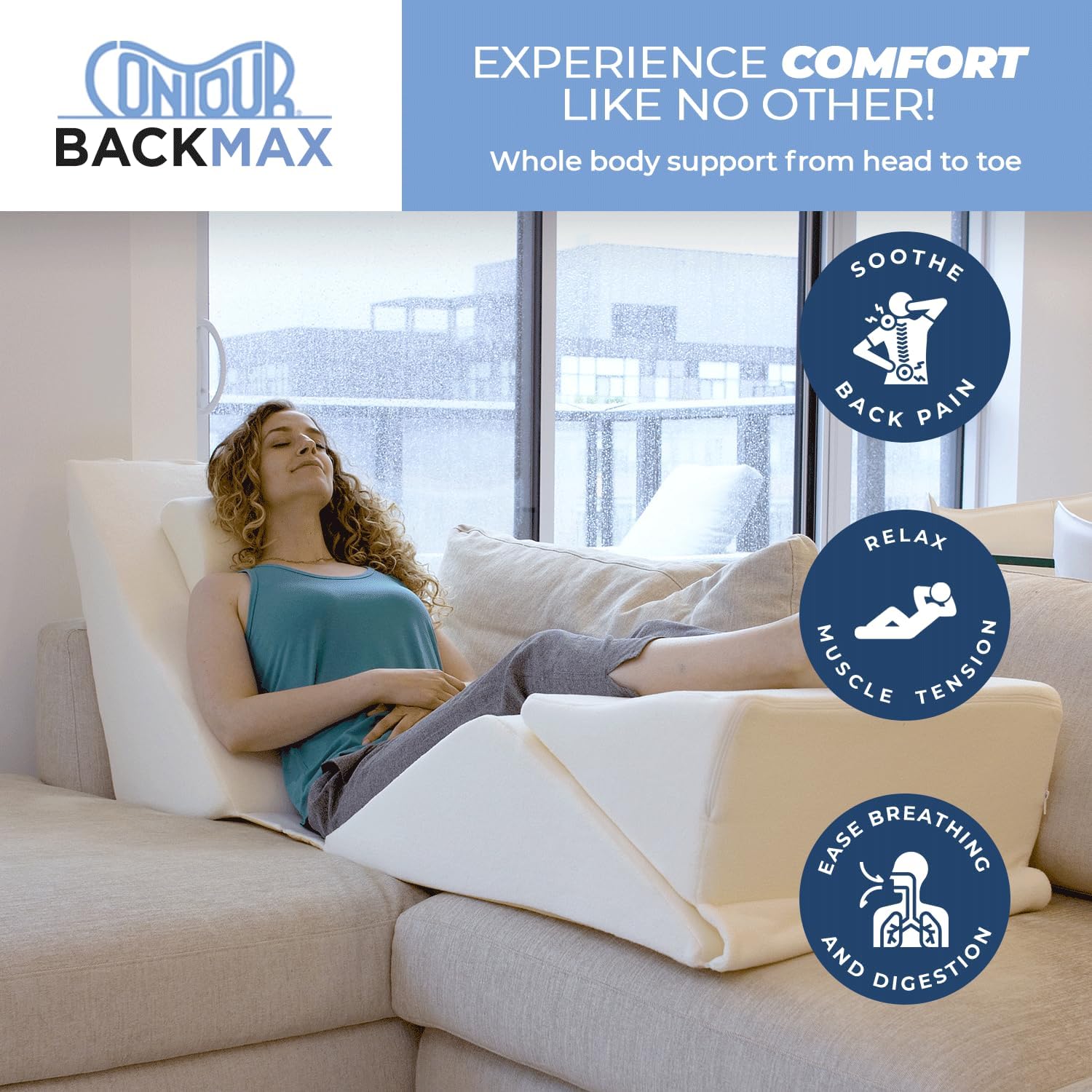 Woman relaxing on the Contour BackMax Bed Wedge System in a reclined position, highlighting back pain relief, muscle tension relaxation, and ease of breathing and digestion.