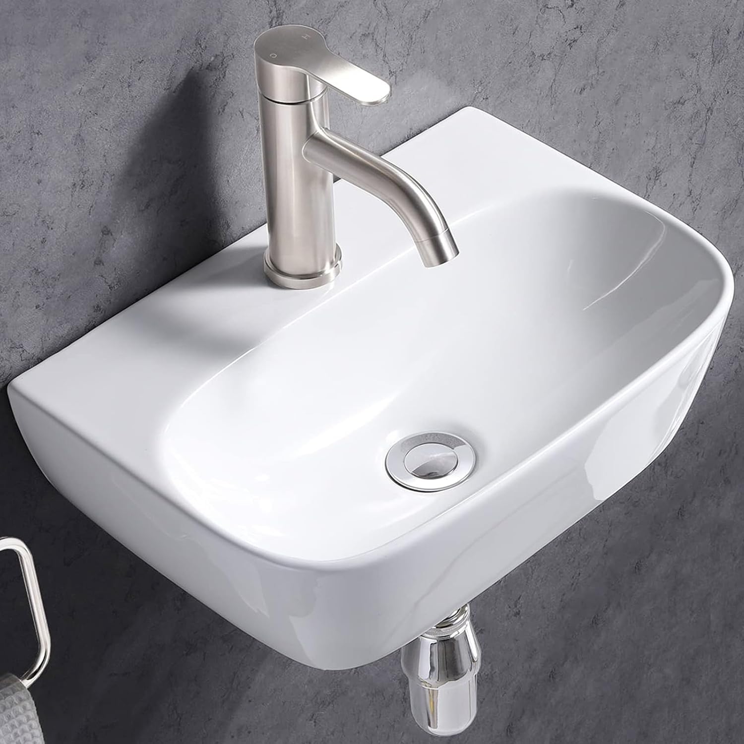 Wall Mount Sink, 16"X12" White Bathroom Sink, Ceramic Vessel Sinks For Bathrooms, Rectangle Small Above Countertop Vanity Sinks Wall Hung Sink White