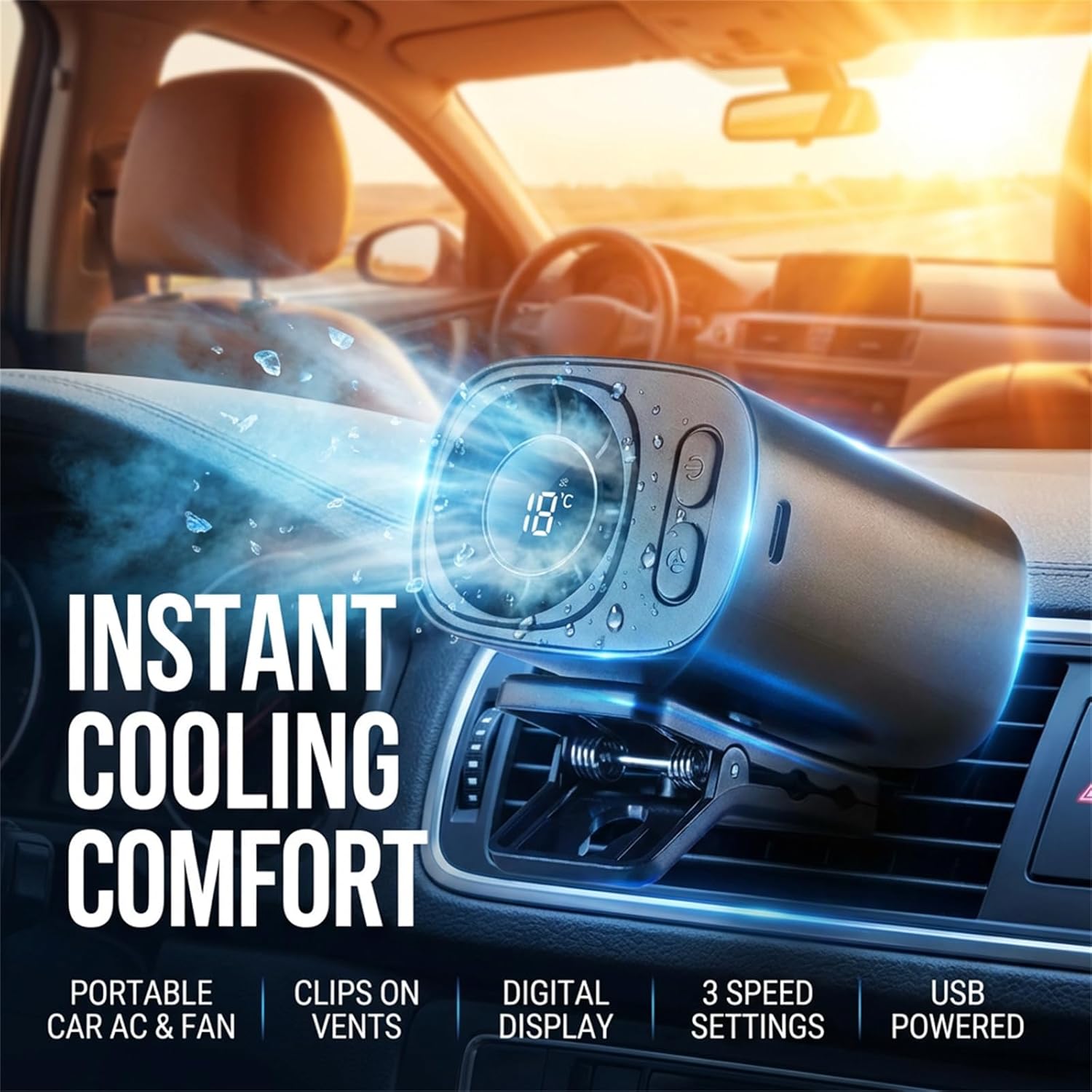 Carzlab Portable Car Ac, Clip on Air Conditioner Fan, Portable Mini Cooling System for 16℃ Semi-Cooling Wide Clamp, Silent Mini Bladeless Fans (2pcs)