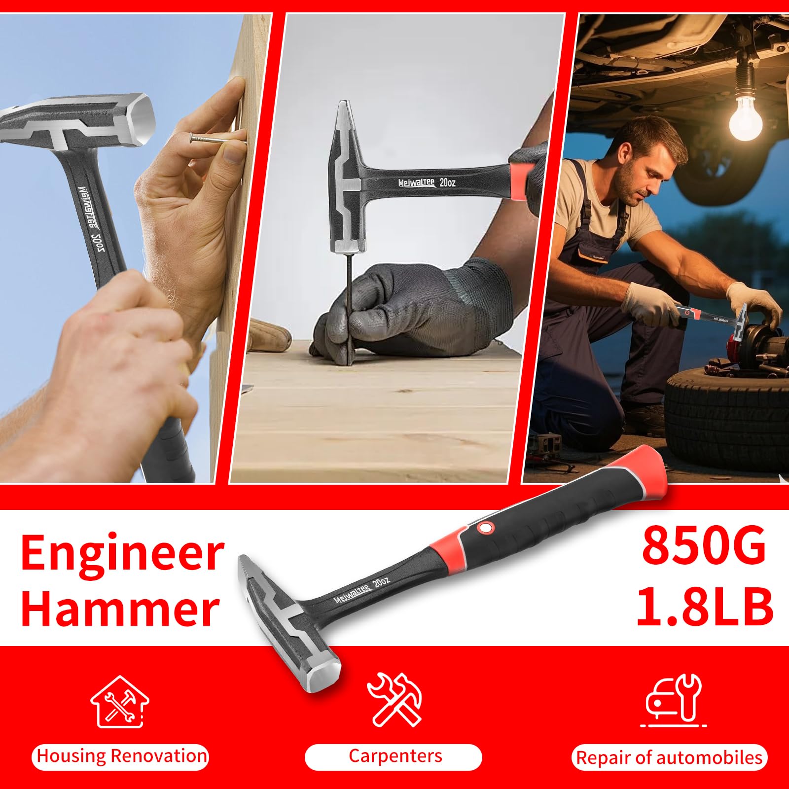20oz Sheet Metal Hammer - Forged Steel, Non-Slip Grip -6 20oz Sheet Metal Hammer - Forged Steel, Non-Slip Grip -6