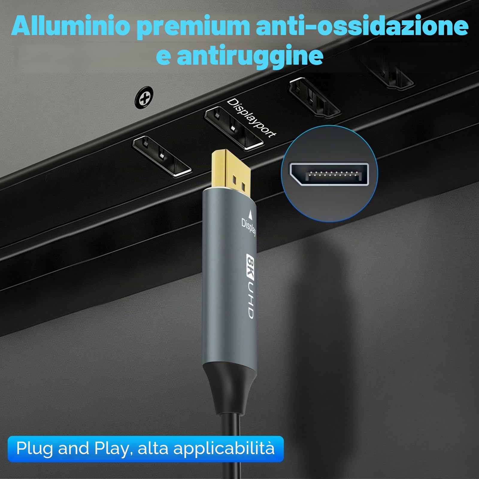 Cavo Fibra Ottica DisplayPort 4K 8K 10M, Cavi DP a DP 1.4 8K@30Hz 4K@144Hz, 2K@165Hz, 32.4Gbps Supporto HDR, G-Sync FreeSync per Computer Portatile, PC, TV