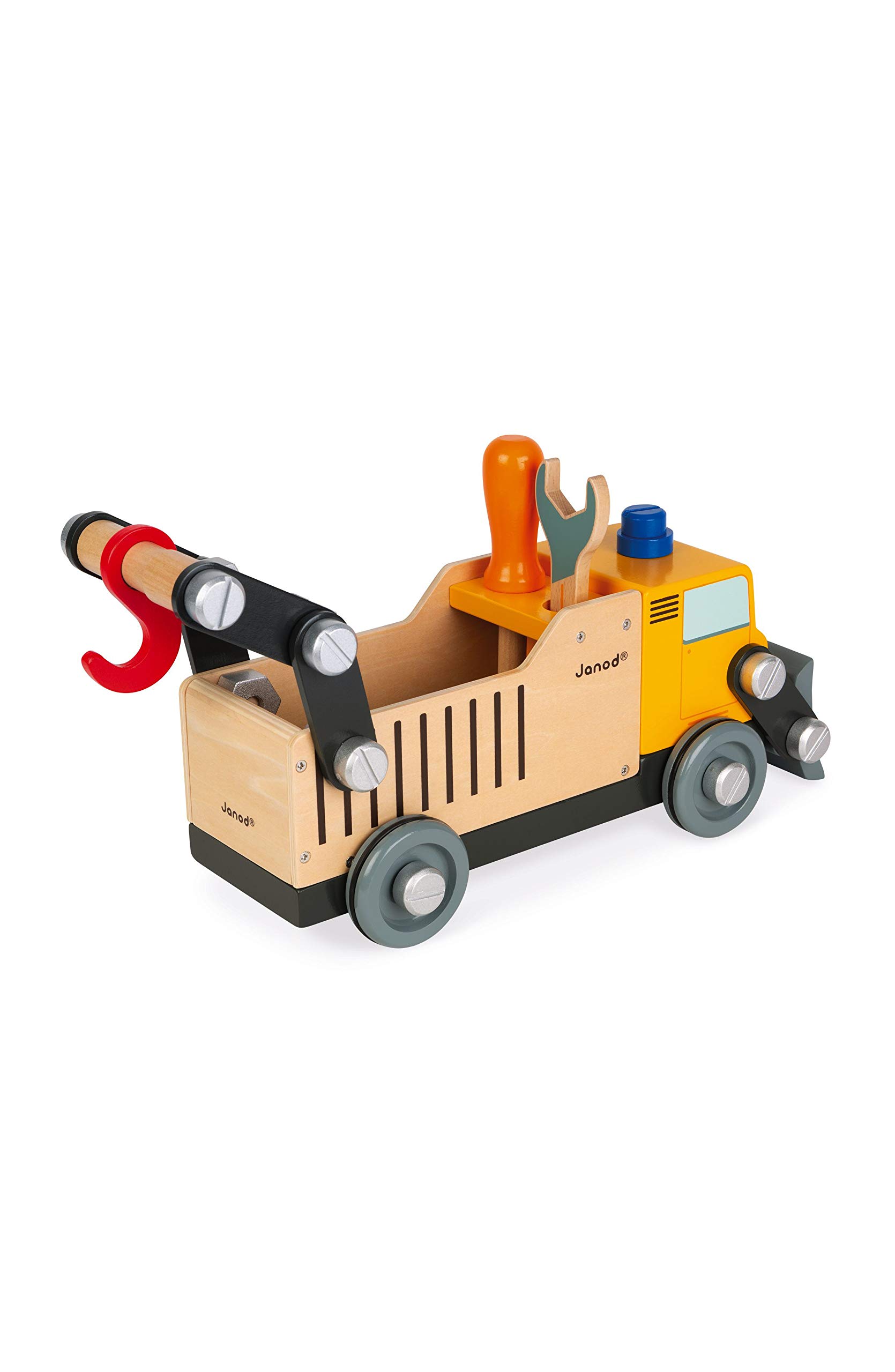 Janod - Large wooden crane 74 cm - Imitation toy - Construction game - 360° swivel and movable - 12 accessories included - FSC certified - From 3 years, J06468