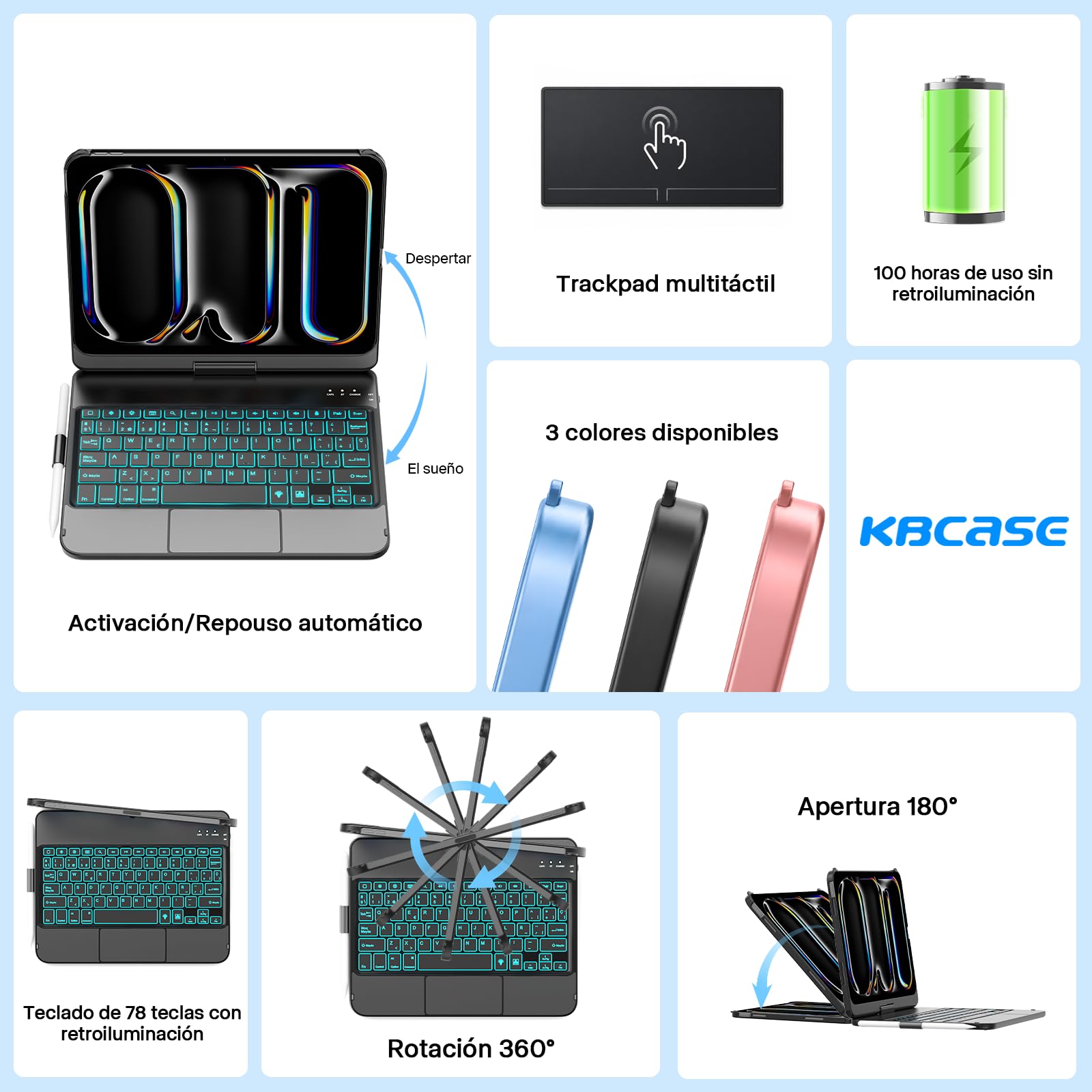 KBCASE Funda con Teclado para iPad Pro 11" (M5/M4, 2025/2024), Teclado Giratorio 360° con Panel Táctil, Iluminación Trasera de 7 Colores (Negro)