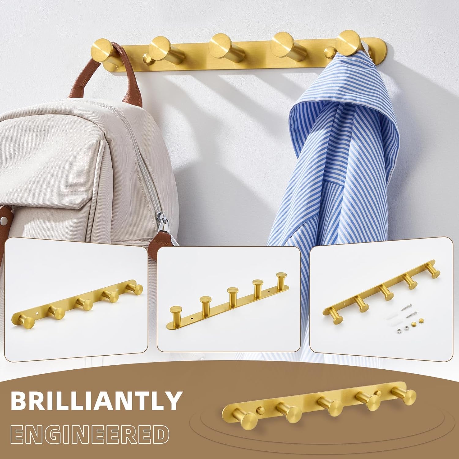 Brushed Gold Stainless Steel Wall Mounted Towel Hook Rack
