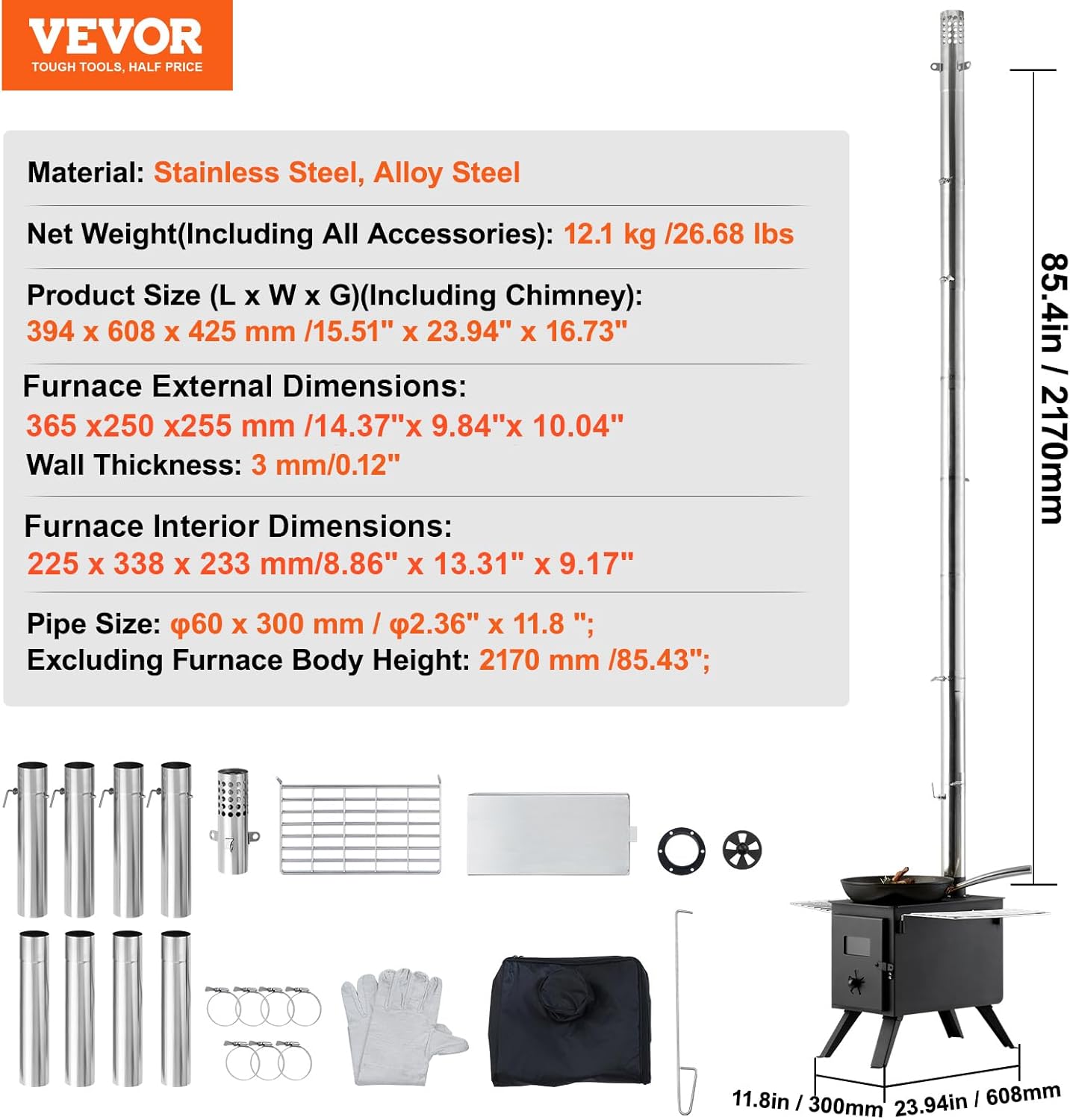 VEVOR Camping Wood Stove Alloy Steel Camping Tent Stove, Portable Wood Burning Stove with Chimney Pipes & Gloves, 1400in³Firebox Hot Tent Stove for Outdoor Cooking and Heating with 8 Pipes