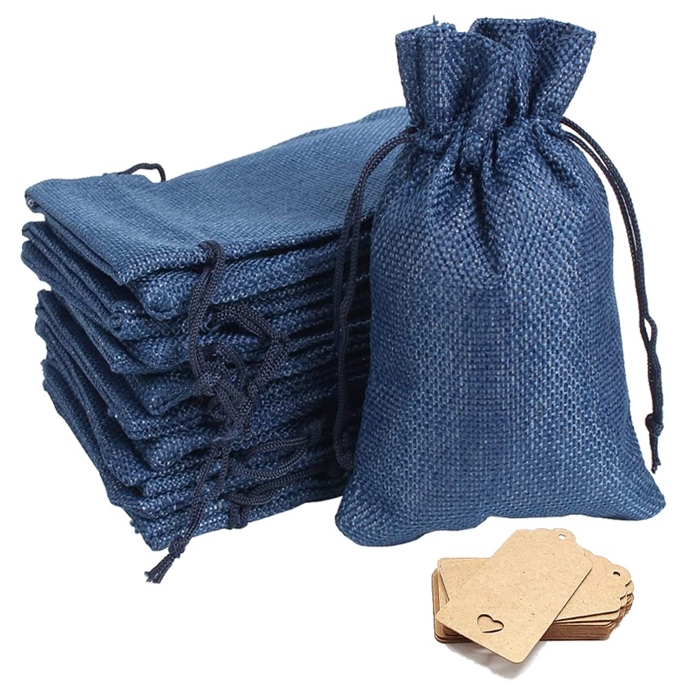 URbazaar 15Pcs Burlap Bags with Drawstring 18x13cm with 15 Gift Tags, Wedding Favor Bags With Drawstring, Premium Jewelry Pouches Party Festival Gift Bags Candy Bags (Blue)