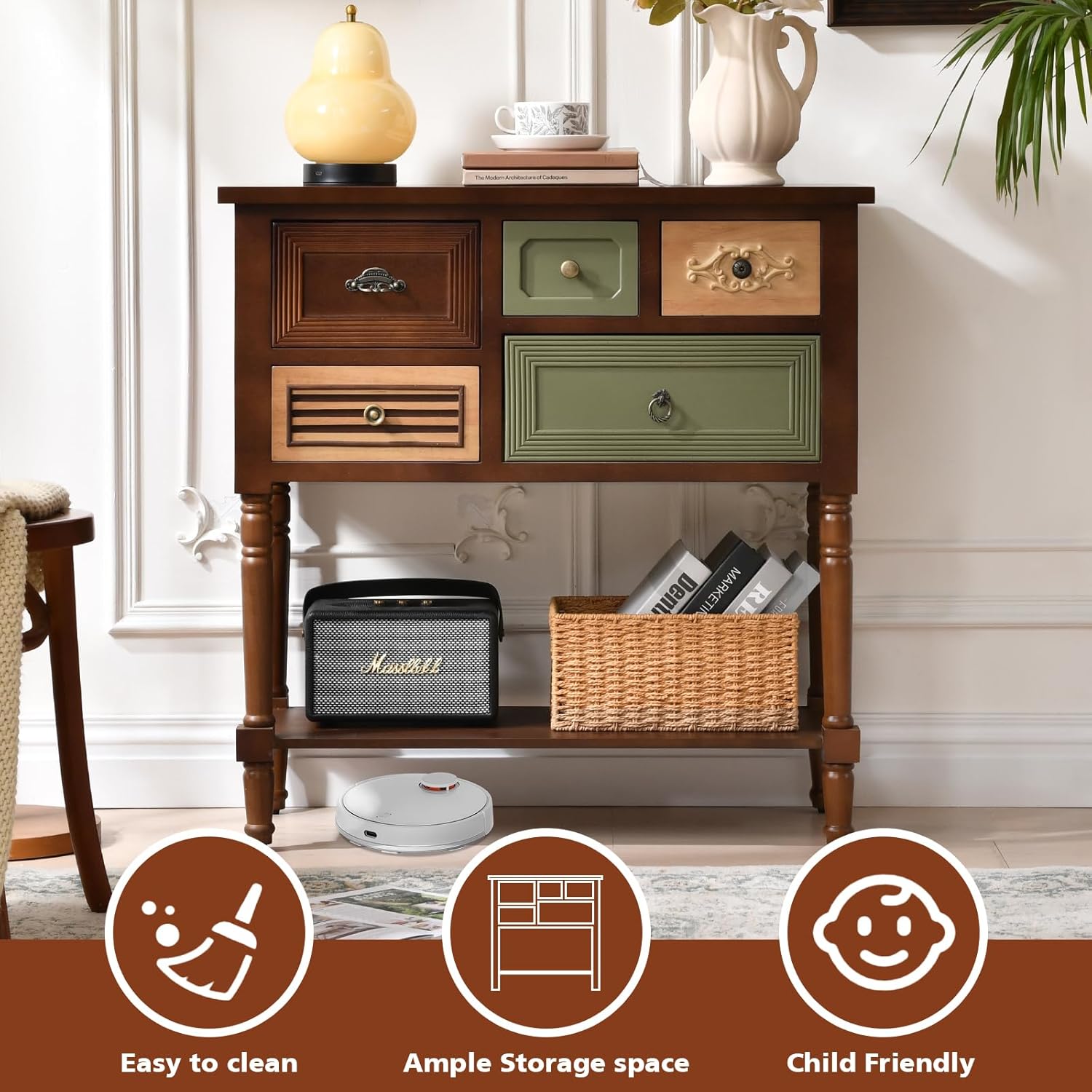 Ahokua Vintage Accent Cabinet with 5 Drawers and Open Shelf, Multi-Tone Console Table with Turned Wood Legs, Mid-Century Entryway Table for Hallway or Living Room
