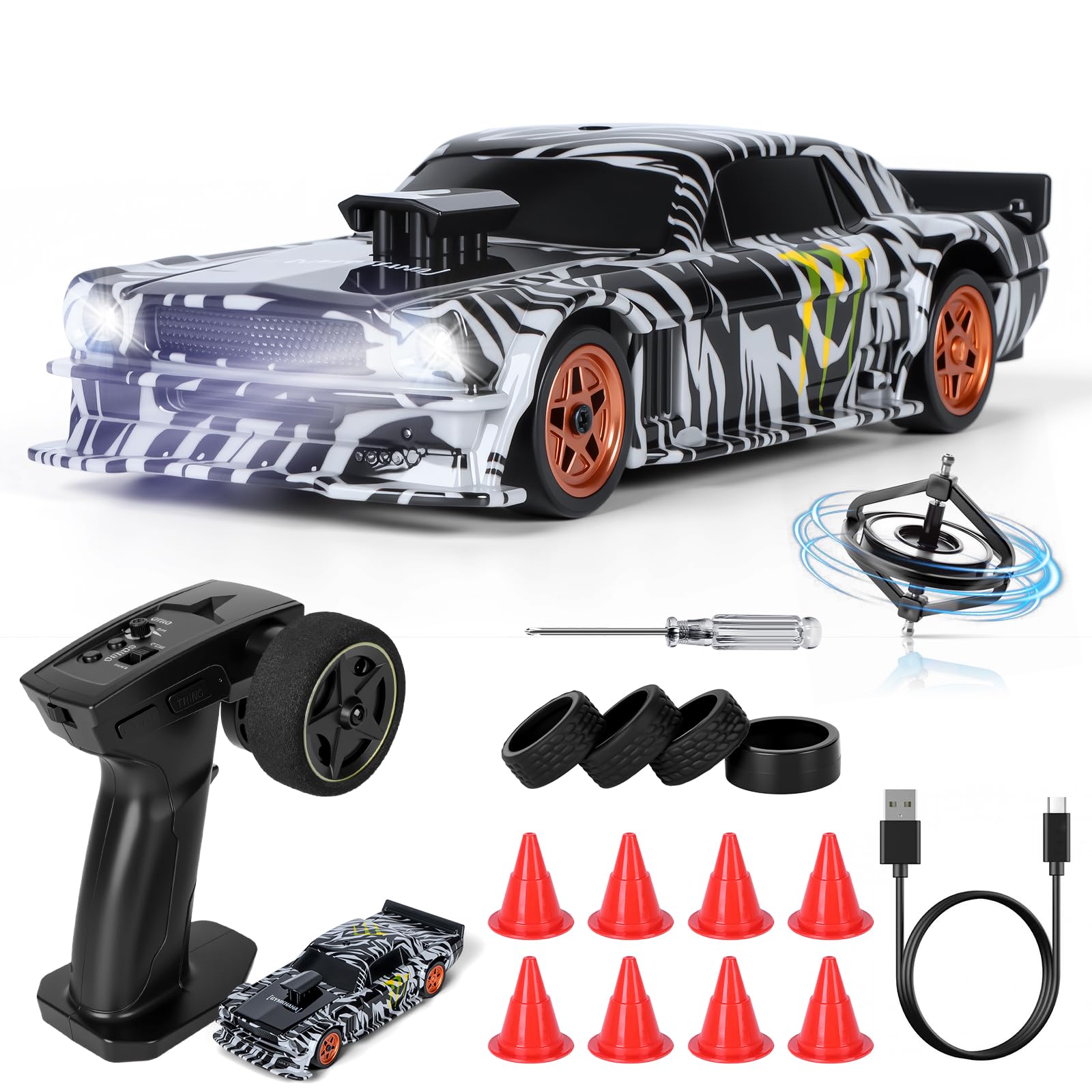 JONRRYIN RC Auto Drift Pro 1:43, Macchina Telecomandata Drift, Mini Drift Car, Micro Macchina Telecomandata con Luce LED, 15km/h, Auto Giocattolo per Bambini di 14 Anni (Nero Pro-Gyro)