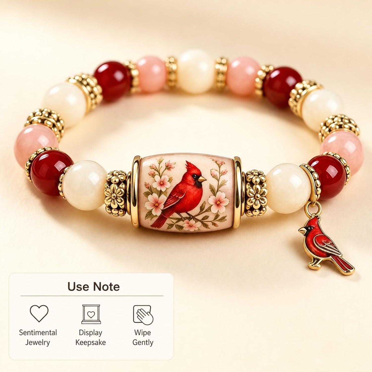 Cardinal Remembrance Beaded Bracelet in Gift Box, 2026 Memorial Keepsake Jewelry for Women, Red Pink Gold-Tone Bird Charm Sympathy Gift image 5