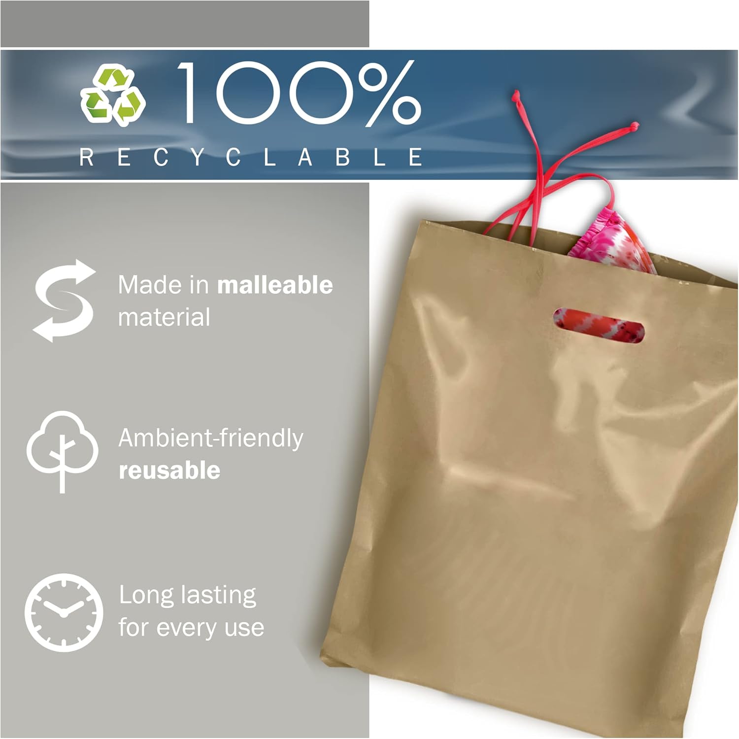 12x18 Gold Plastic Merchandise Bags, Glossy Finish, Medium Retail Size, 100 Pack, 2 Mil Thick, with Die-Cut Handles by PPB