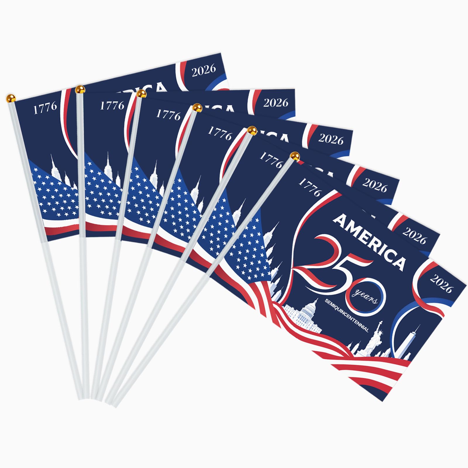 AhfuLife 15 Pcs American Flags on Sticks for USA 250th Anniversary, 14x21cm Hand Held America Small Flags with 30cm White Pole for 4th of July, American Hand Flags for Independence Day — image 1