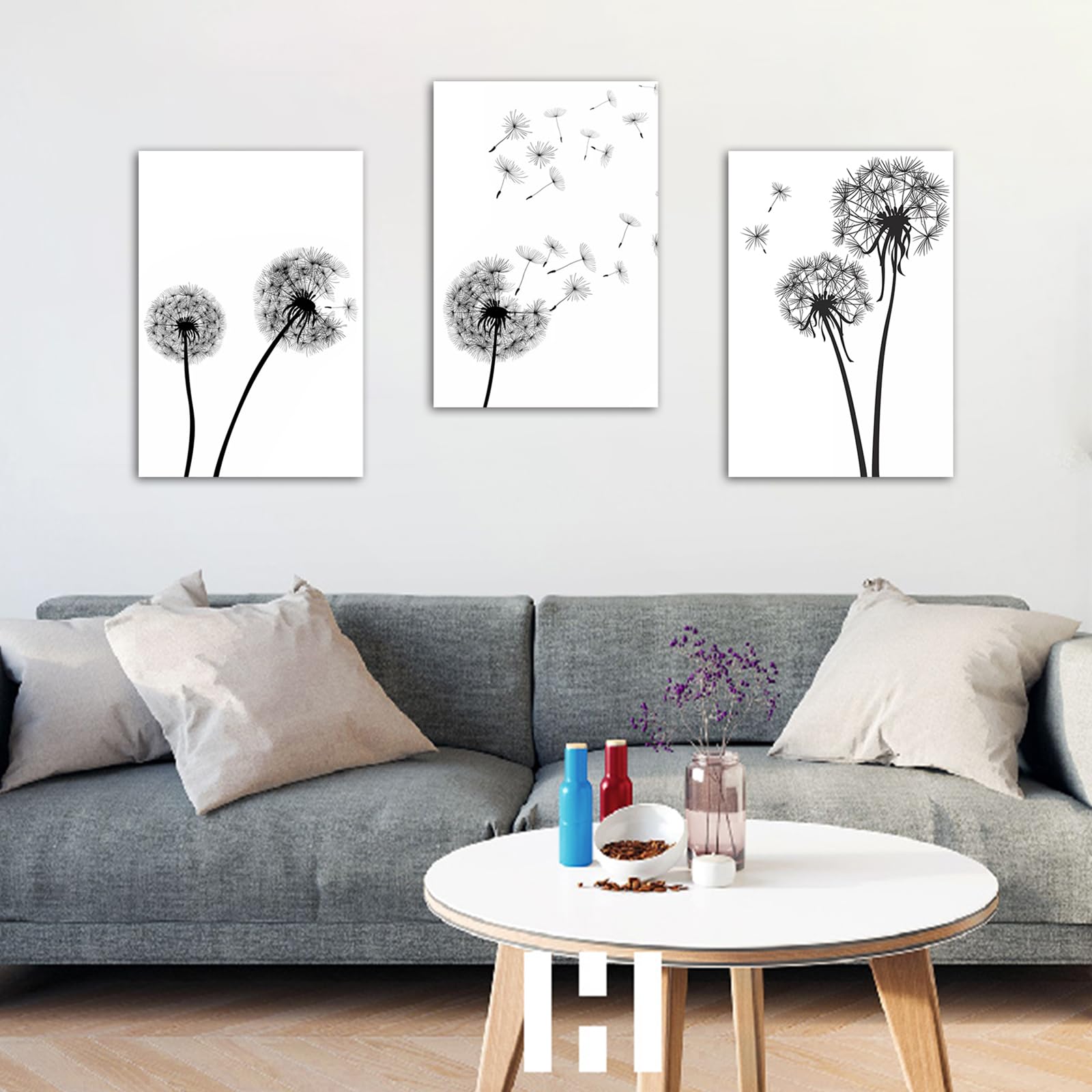 Welmeco Leinwandbild-Set – 3-teilig, Abstrakter Löwenzahn Mit Libelle, Holzstruktur-Look