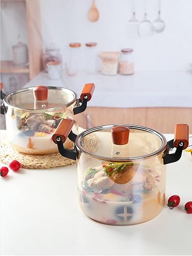 Miniatura 5 de Cacerola de vidrio resistente al calor, ollas transparentes para cocinar vidrio borosilicato resistente al calor, olla de cocina de madera con doble