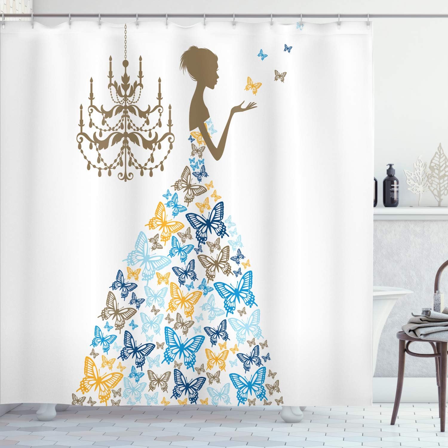 Ambesonne Vintage Shower Curtain, Love Country Wedding Themed Romantic Butterflies Cartoon Retro Parisienne, Cloth Fabric Bathroom Decor Set with Hooks, 69" W x 70" L, Pale Blue