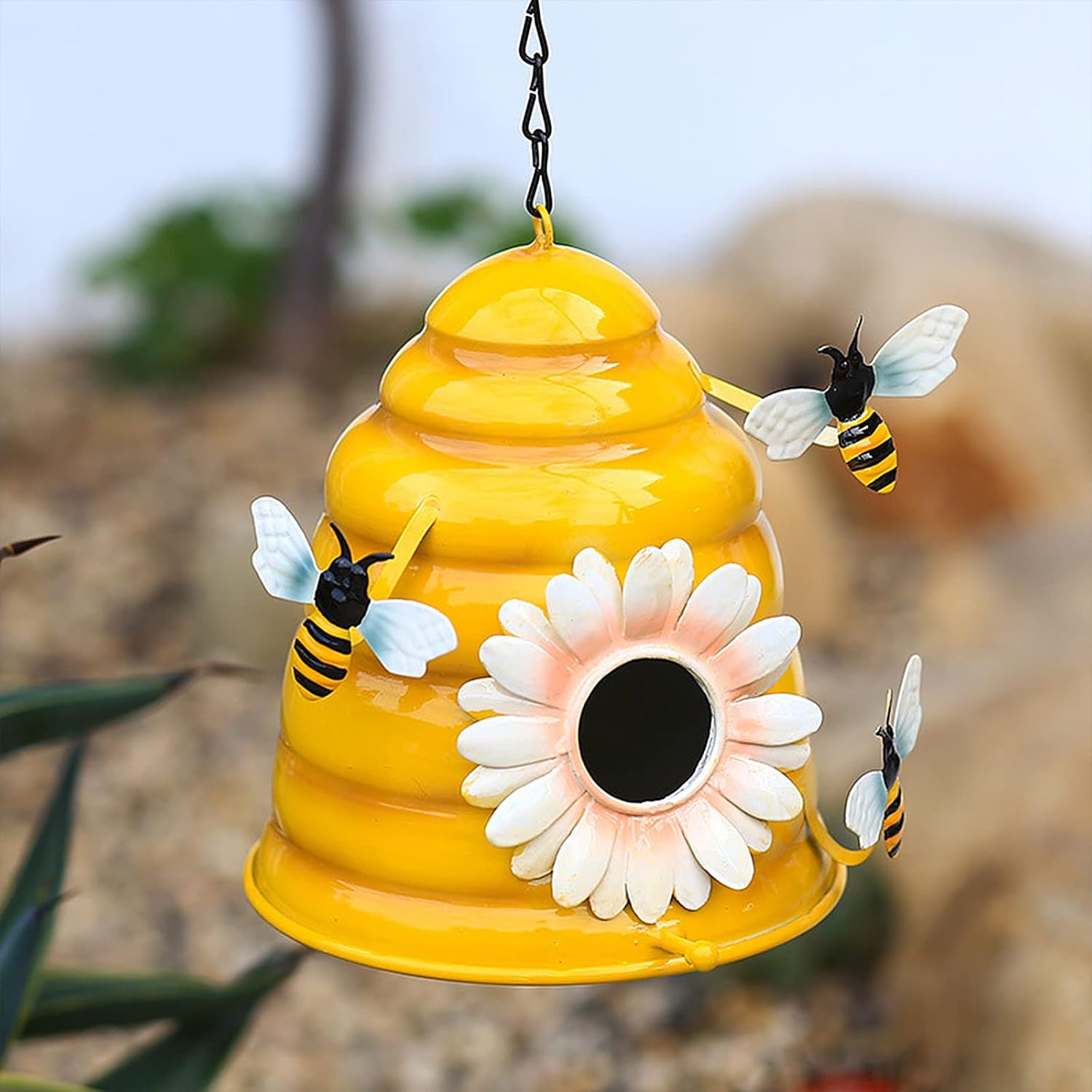 HANTURE Beehive Bird Houses for Outside 6.5Inch Iron Decorative Hanging Birdhouses with Bee Ornaments Outdoor Weatherproof Bird Nest Houses for Wild Birds Small Bird Finch Cardinal Yellow