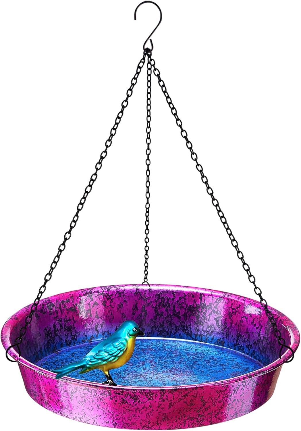 Hanging Bird Bath for Outside, 11.5” Metallic Purple & Blue Metal Birdbath Bowl & Feeder with Black Chain Outdoor Garden Yard Decor (0.7 Gallon)