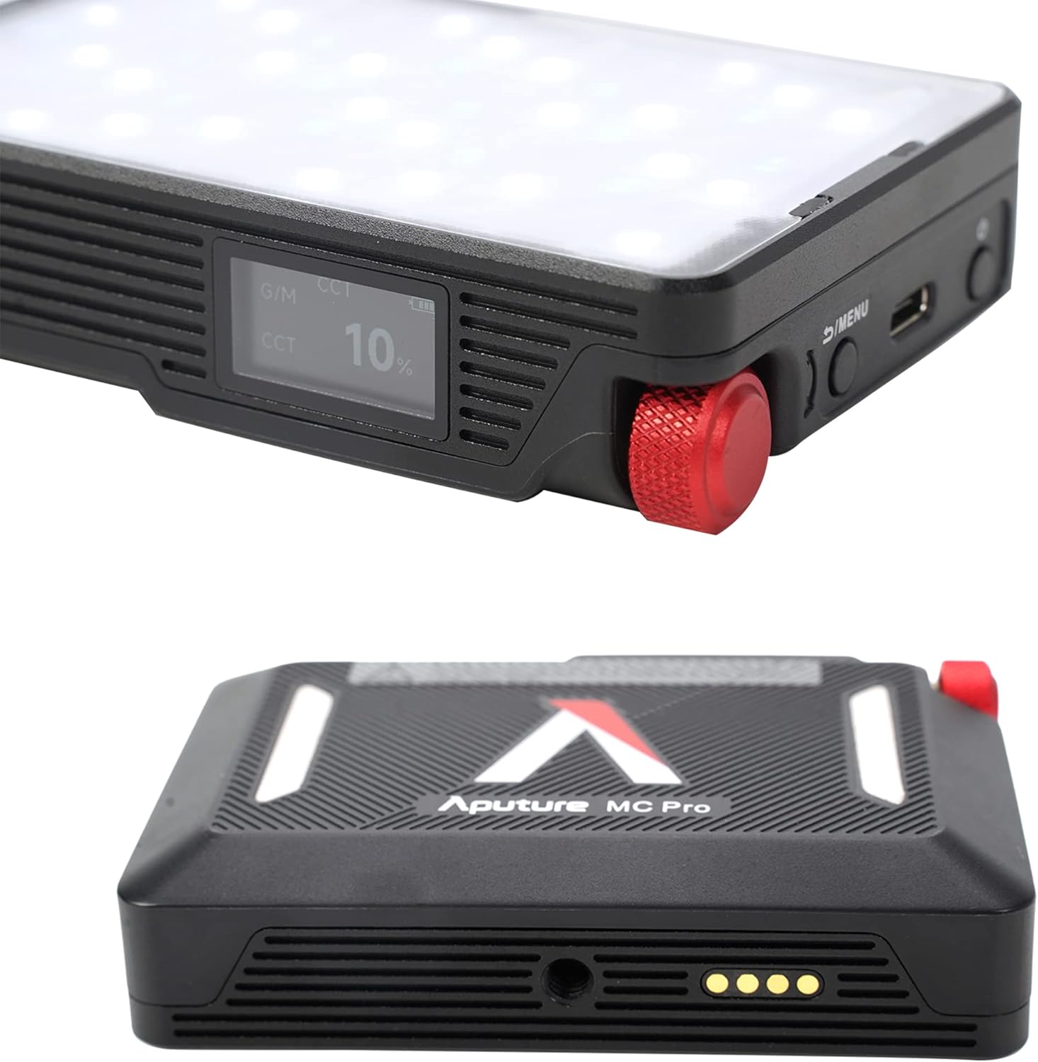 Close-up of the Aputure MC PRO's OLED display and control knob