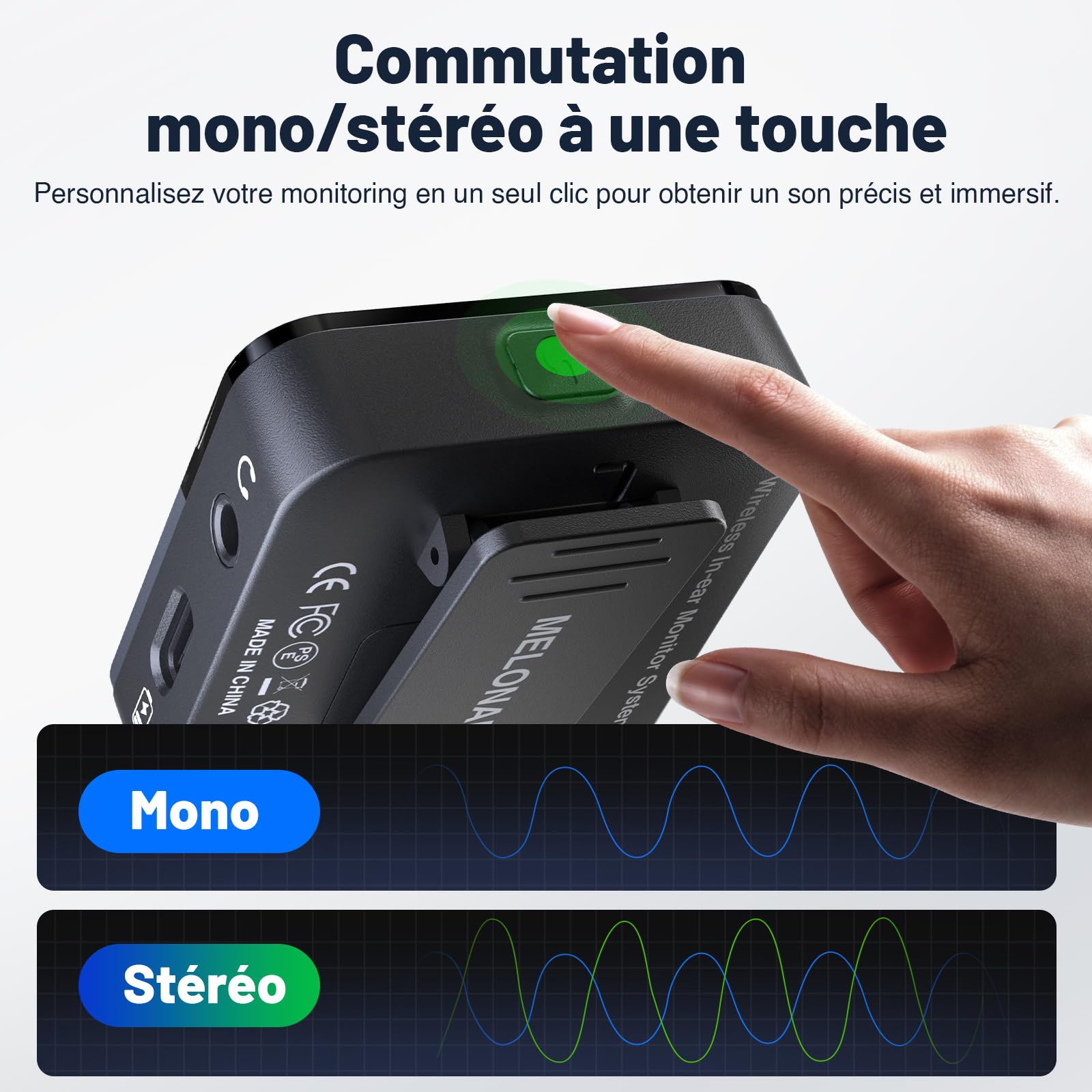 MELONARE PM-2 Système de moniteur intra-auriculaire portable sans fil avec étui de charge, émetteur et récepteur audio sans fil, audio 24 bits/48 kHz, entrée OTG, commutateur mono/stéréo, IEM pour