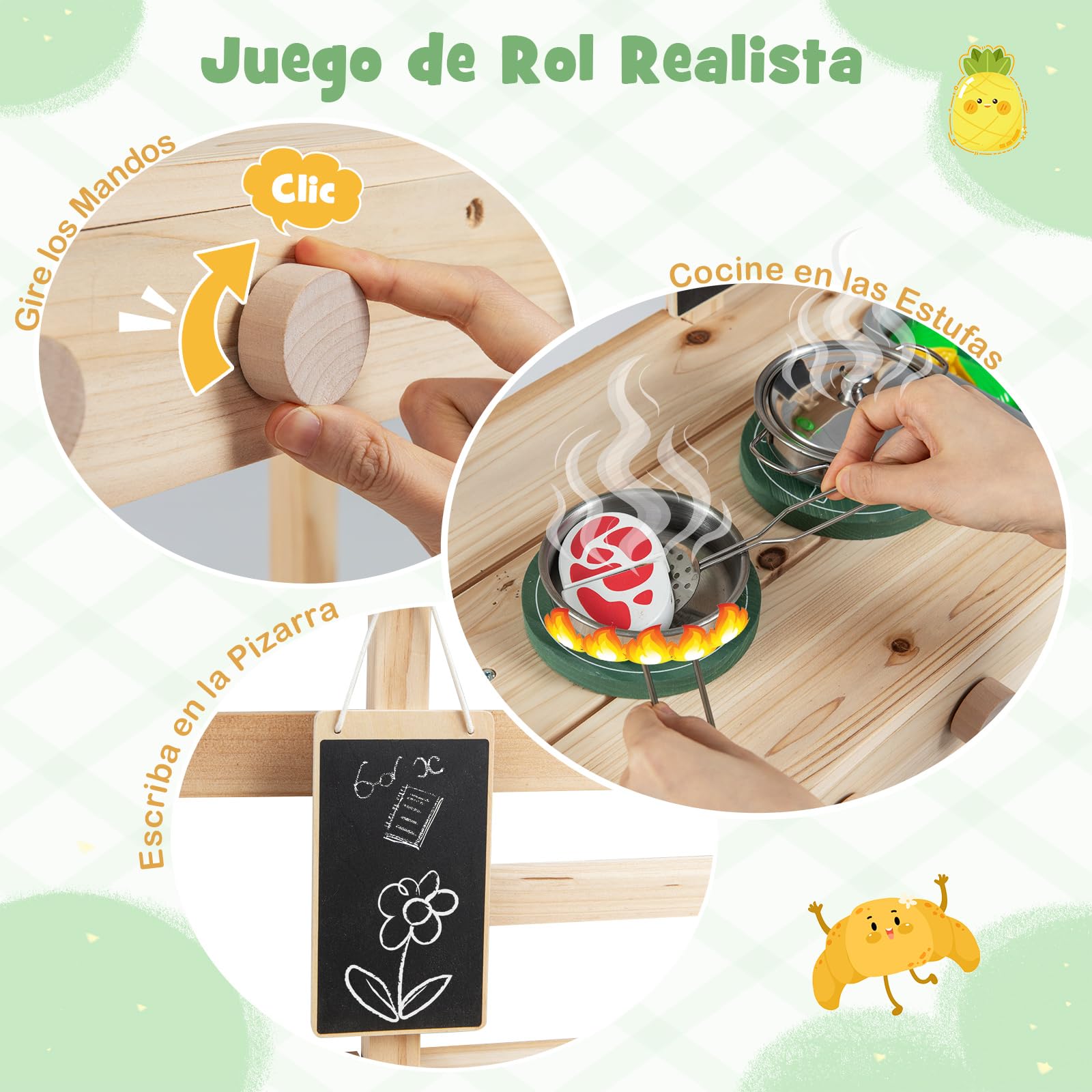 COSTWAY Cocina de Barro para Niños, Cocinita de Madera para Exterior con Fogones, Pomos Giratorios y Pizarra, Macetas, Estantes de Almacenaje, Cocinita Infantil de Barro para Niños de 3+ Años