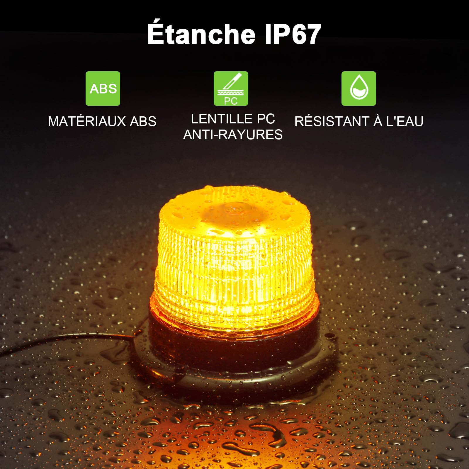 Gyrophare LED Magnétique Orange 12-24V pour Tracteur, Lot de 2 | IP67 Étanche, Câble 4,8 m Allume-Cigare, 7 Modes de Flash, pour Chantier et Camion