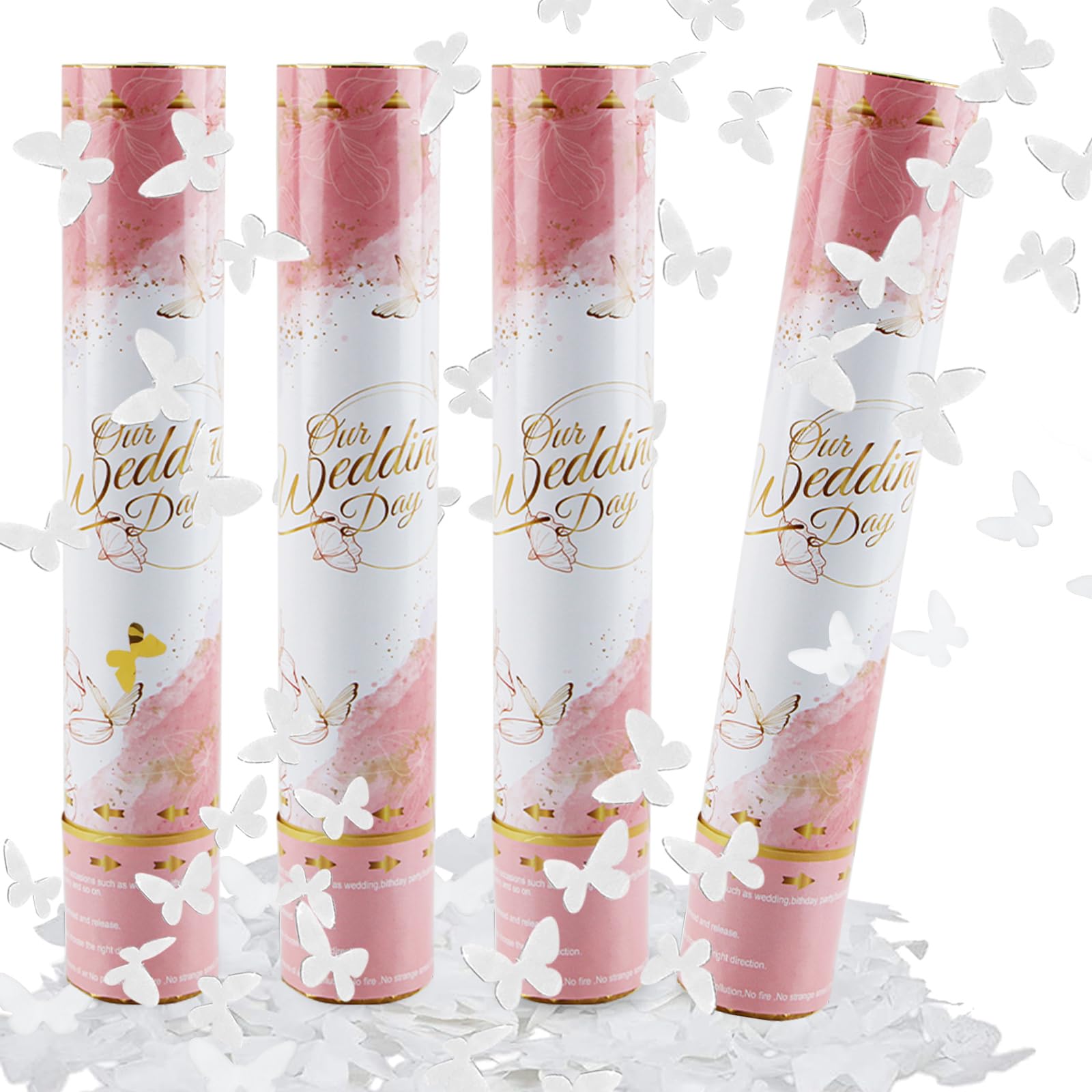dellyy Cañon Confeti Boda *4, Cañones de Confeti, Confeti para Bodas, Tubo de Confeti para Decoración Eventos, Fiestas, Celebraciones, Cumpleaños, Bodas (Mariposa Blanca)