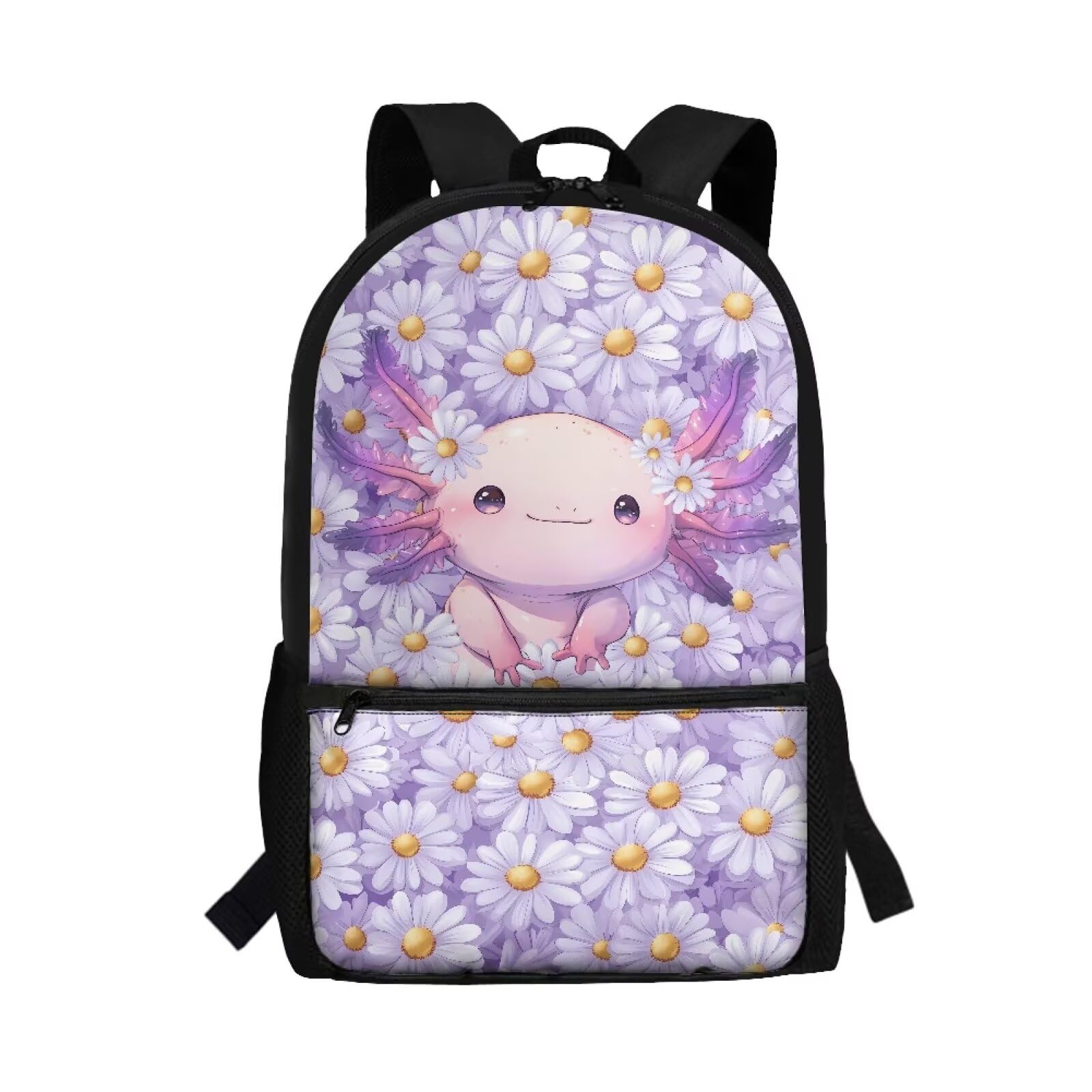 Gomyblomy Purple Axolotl School Backpack for Girls 6-8 Daisy School Bag for Girls Kids Backpack for Elementary Kindergarten Lightweight Bookbag with