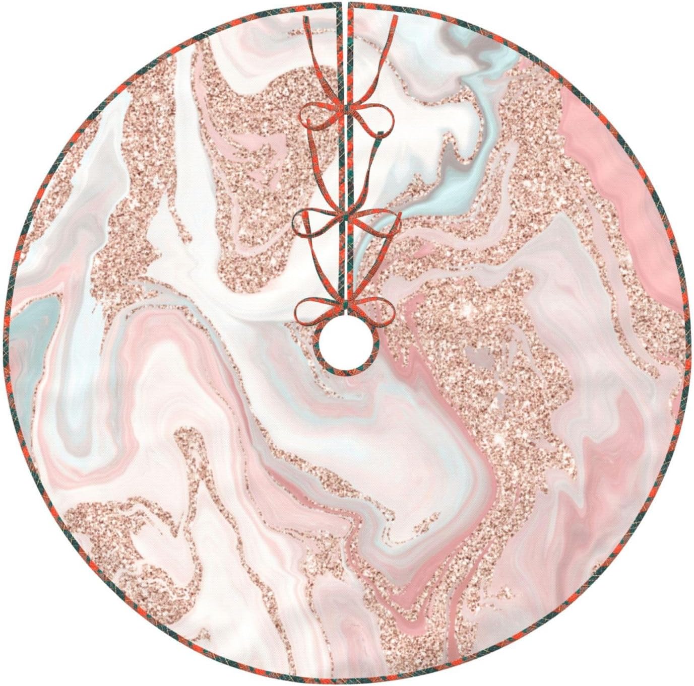 Rose Gold Glitter Coral Gray Pastel Marble Christmas Tree Skirt 30 Inches Grid Edging Tree Skirt, Small Rustic Tree Mat for Merry Farmhouse Decor Xmas Holiday Home Party Decorations Indoor Outdoor
