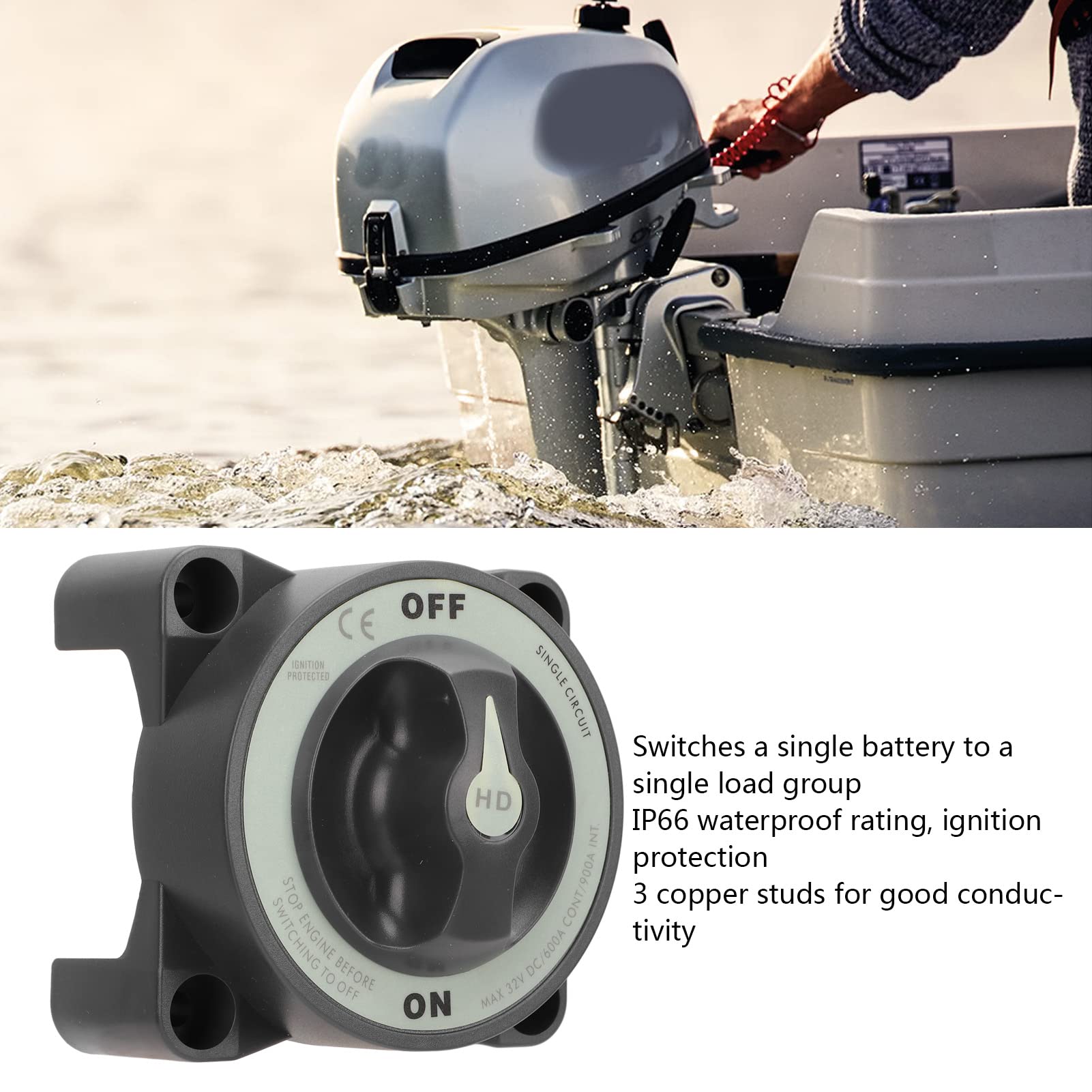 Nutriess Heavy Duty Battery Isolator 600A Master Battery Power Cut Disconnect Switch IP66 Impermeable 3 Studs for RV Boat