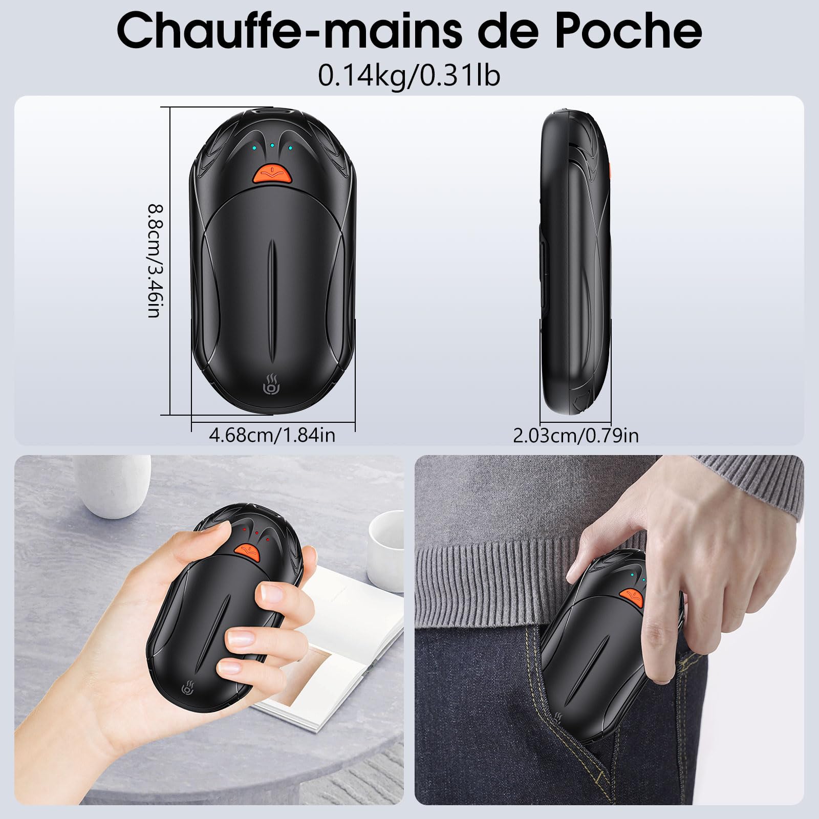 Chauffe Main Rechargeables 2 en 1, 6000mAh Chaufferette Main Reutilisable USB 2PCS, Sûr et Fiable, Chauffe-Mains 3 Modes de Chauffage pour Camping, Sports de Plein Air en Hiver Cadeau de Noël