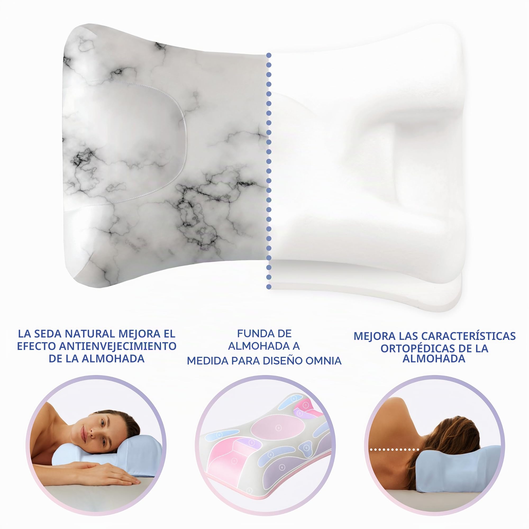 Sleep&Glow Omnia - Funda de Almohada de Seda Natural Antiarrugas para el Cuidado del Cabello y la Piel, 19 mm, Morera de Grado 6A, Mármol Blanco