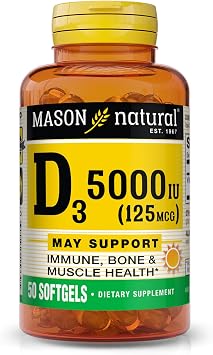 MASON NATURAL Vitamin D3 125 mcg 5000 IU - Supports Overall Health, Strengthens Bones and Muscles, from Fish Liver Oil, 50 Softgels