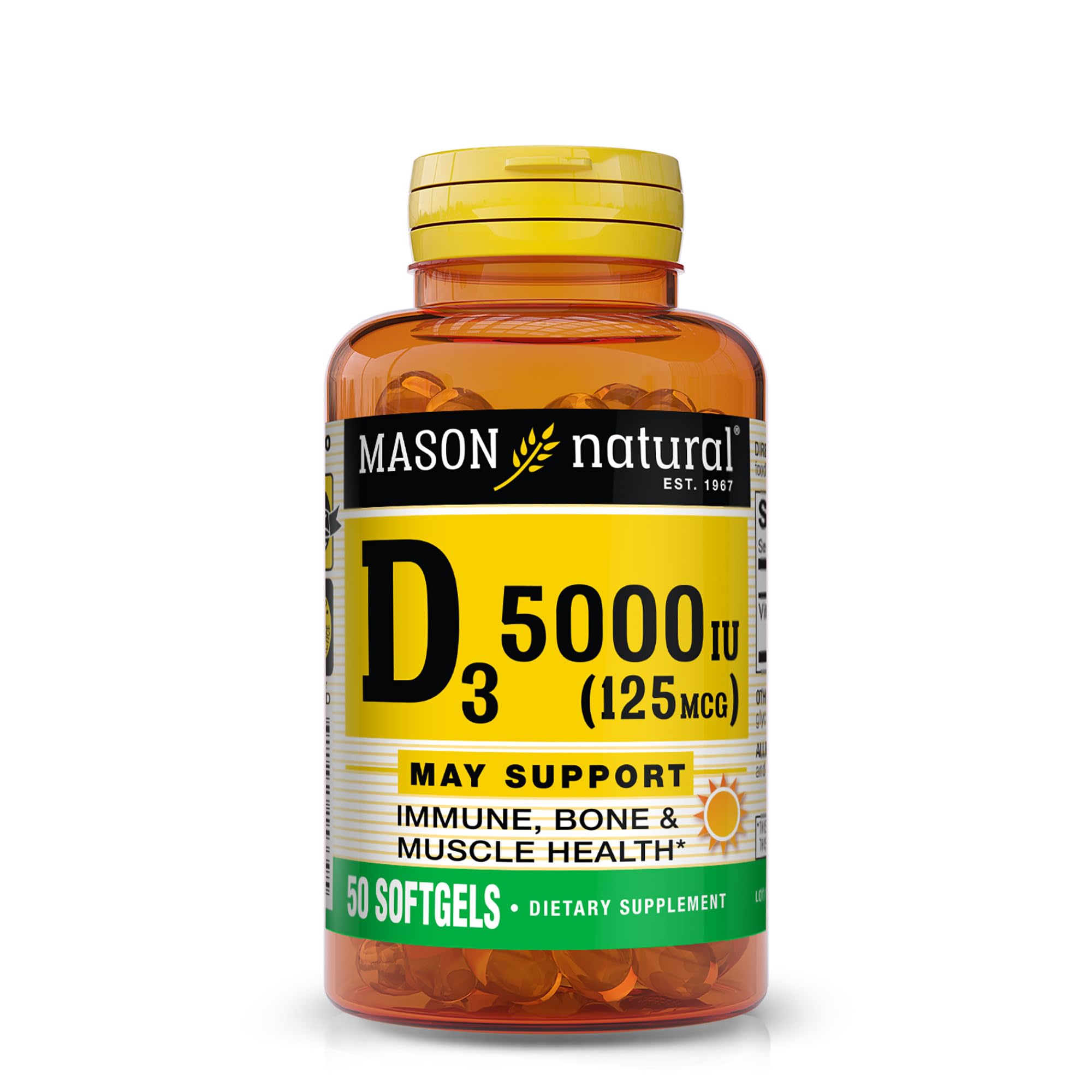 MASON NATURAL Vitamin D3 125 mcg (5000 IU) - Supports Overall Health, Strengthens Bones and Muscles, from Fish Liver Oil, 50 Softgels