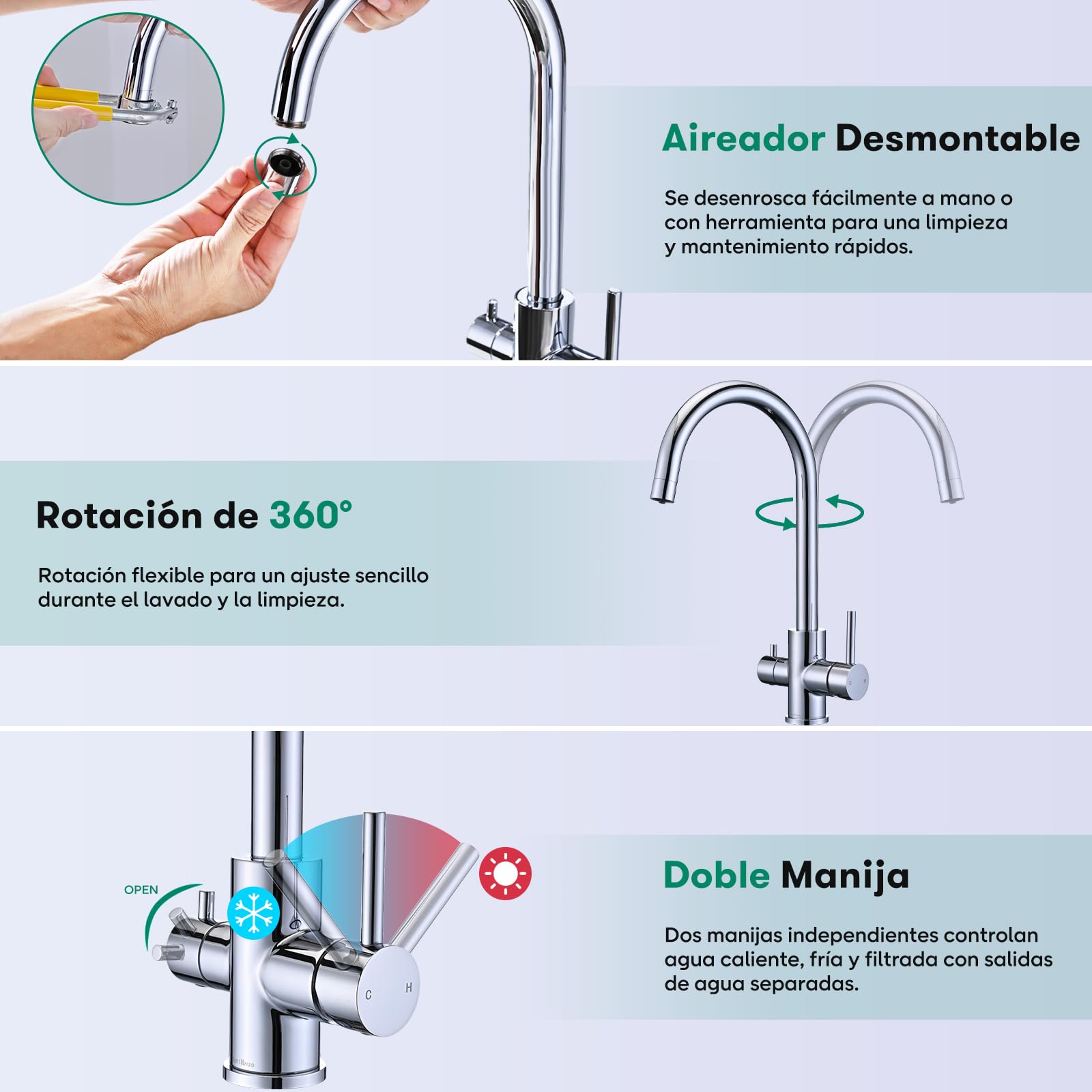 Grifo para Fregadero de Cocina de 3 Vías BuntHaus, Acero Inoxidable Cromado