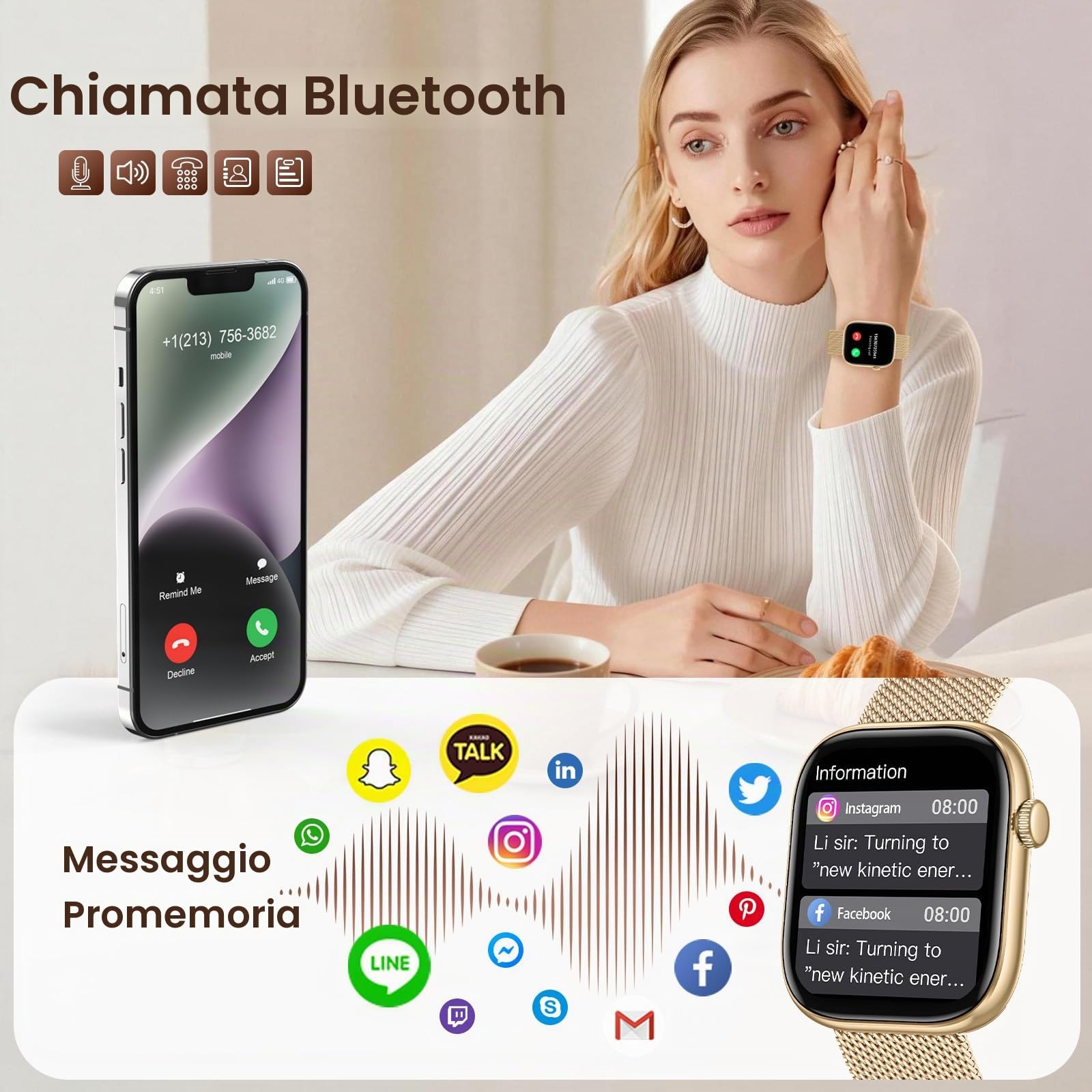Smartwatch Donna Orologio con Chiamate Bluetooth: 1.83" Oro Smart Watch con QuadranteDinamico Contapassi Monitoraggio Sonno Sportivo Fitness Tracker IP67 impermeabile AI Vocale Compatibile Android iOS