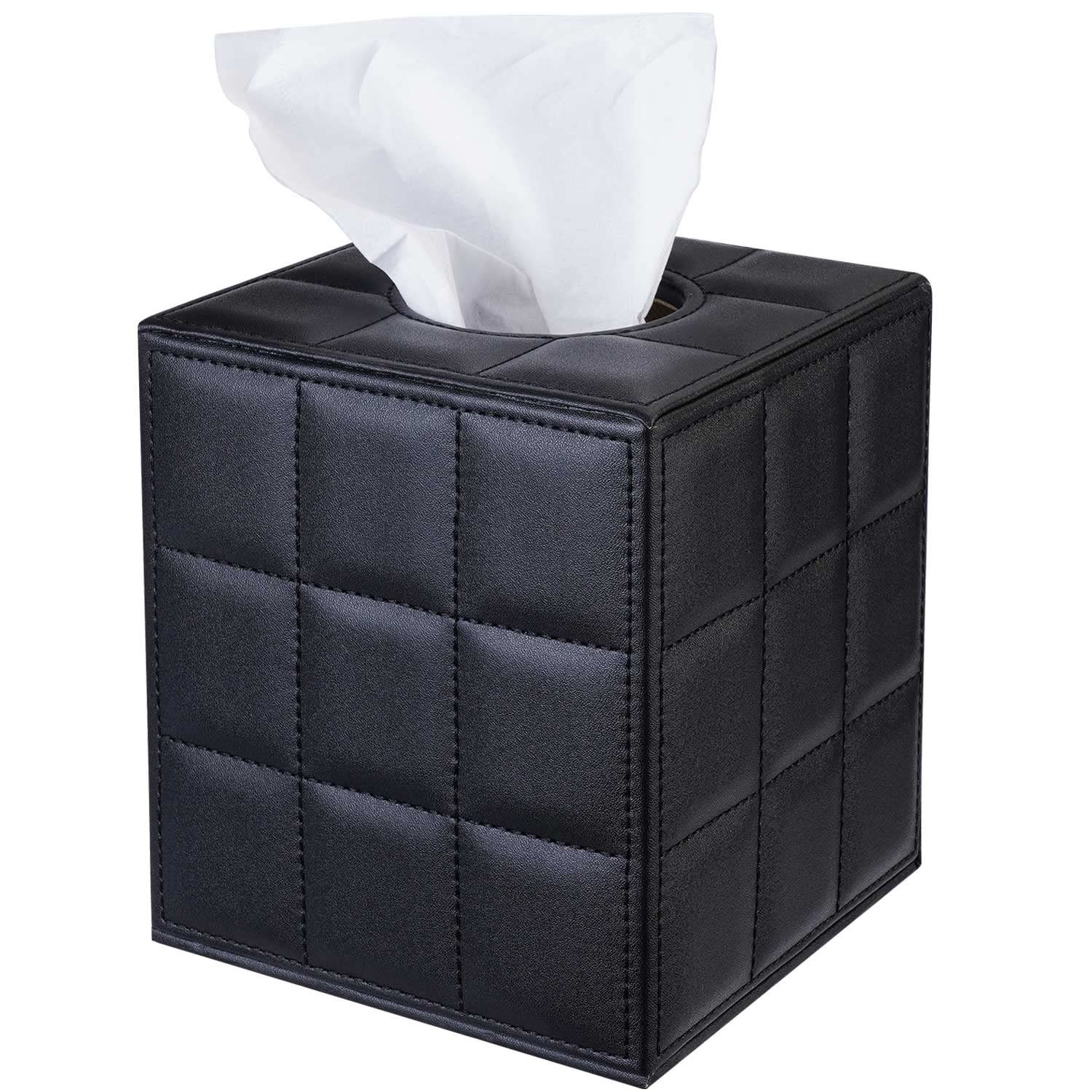Livelab Square Leather Tissue Box Cover - Solid and Stylish Tissue Box Holder with Magnetic Bottom and PU Leather Exterior for Vanity Dresser, Bedside Table, Office, Car - Black