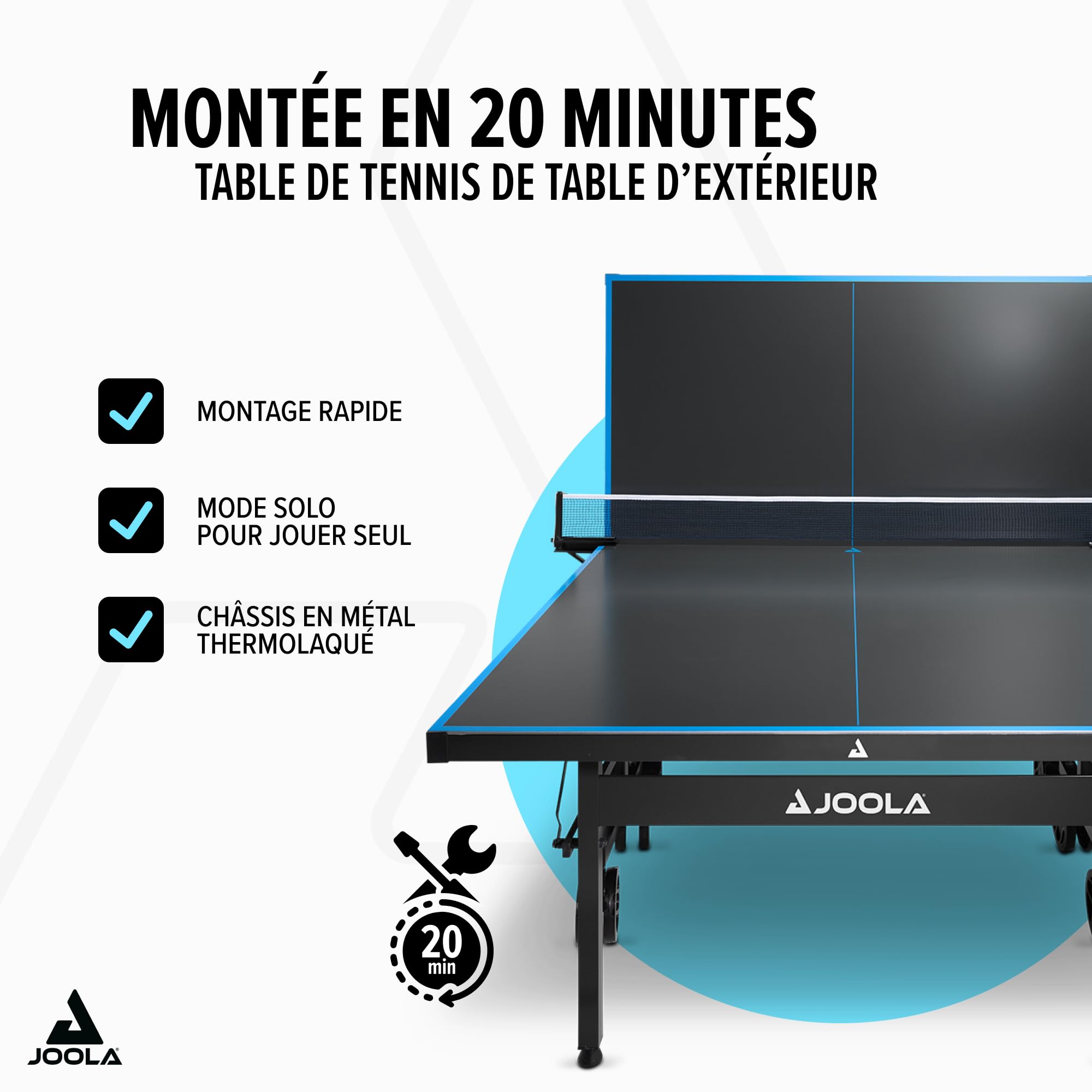JOOLA Table de ping-Pong d'extérieur Pro en Aluminium résistant aux intempéries avec Housse de Table, Structure Pliable, Montage Rapide, avec Filet Gris/Bleu, 274 x 152,5 x 76 cm