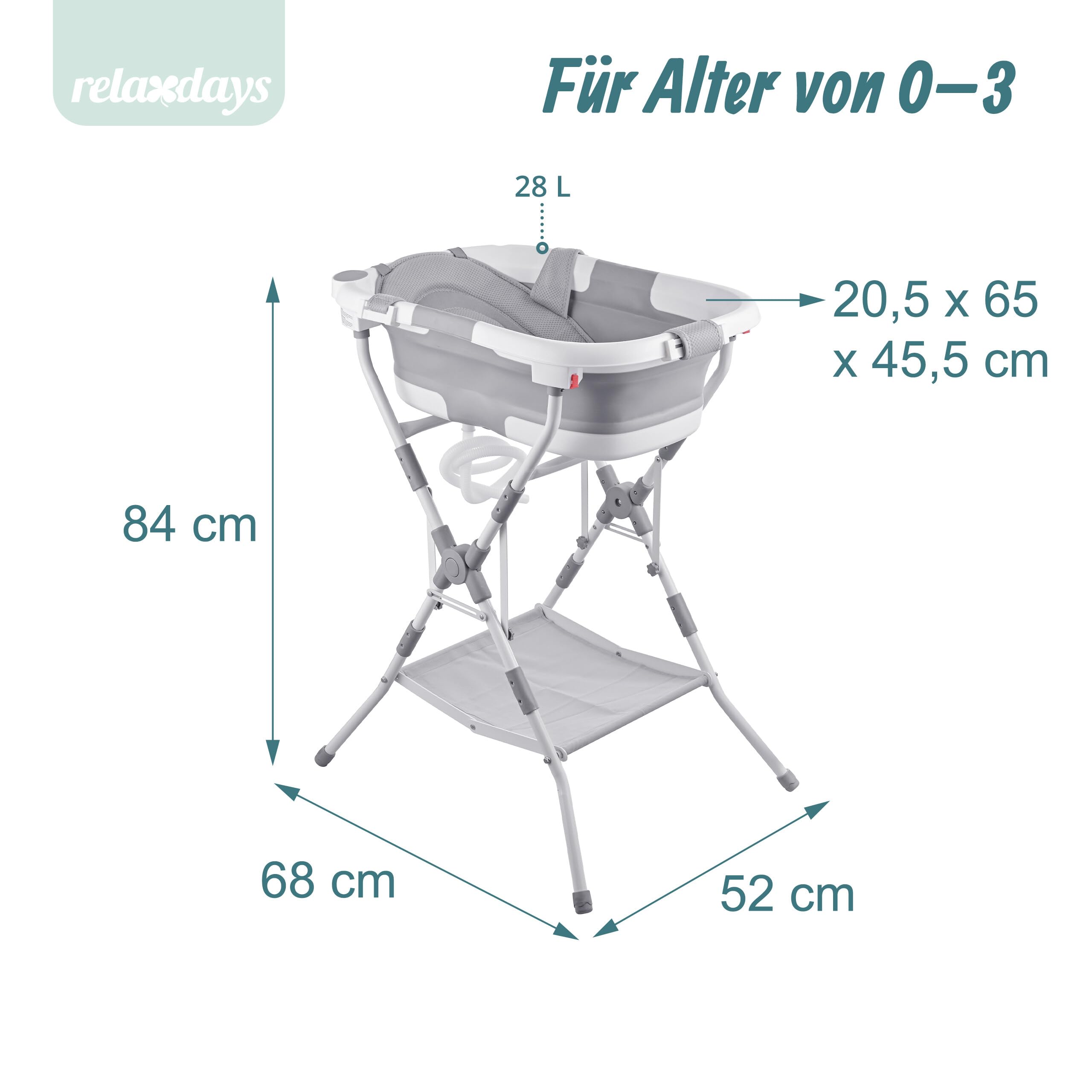 Relaxdays Babybadewanne faltbar, mit Gestell & Kissen, Babywanne, weiß/grau | bis 40 kg, HBT: 20,5x65x45,5 cm, Badewanne