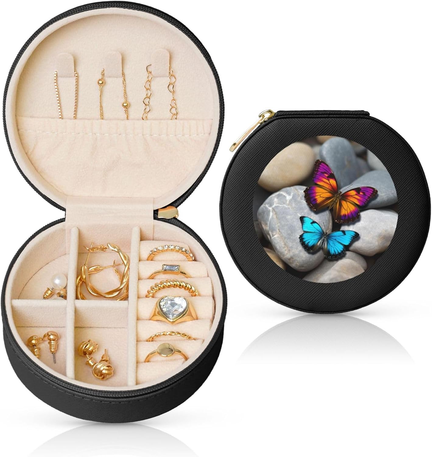 Travel Jewelry Box for Women Birthday Gifts, Colorful Butterfly Stone Jewelry Case PU Leather Jewelry Organizer Small Round Display Storage Box for Rings Earrings Necklaces