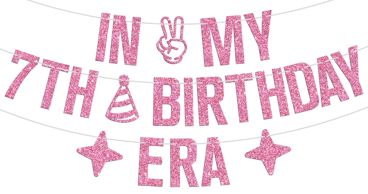 NARLOPI In My 7th Birthday Era Banner, Bruh I'm 7/Hello 7, Happy 7th Birthday Baby Shower Party Decorations Supplies for Boy Girl, Pink Glitter