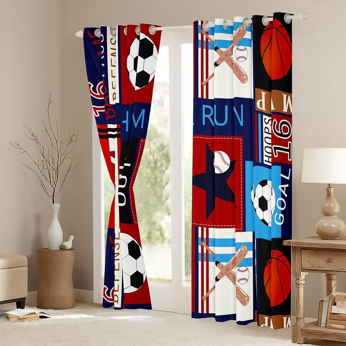Castle Fairy Ball Game Kids Window Curtain Football Baseball Basketball Window Treatment Curtain American Sports Style Curtains for Bedroom Red Navy Grid Window Drapes,52Wx96L