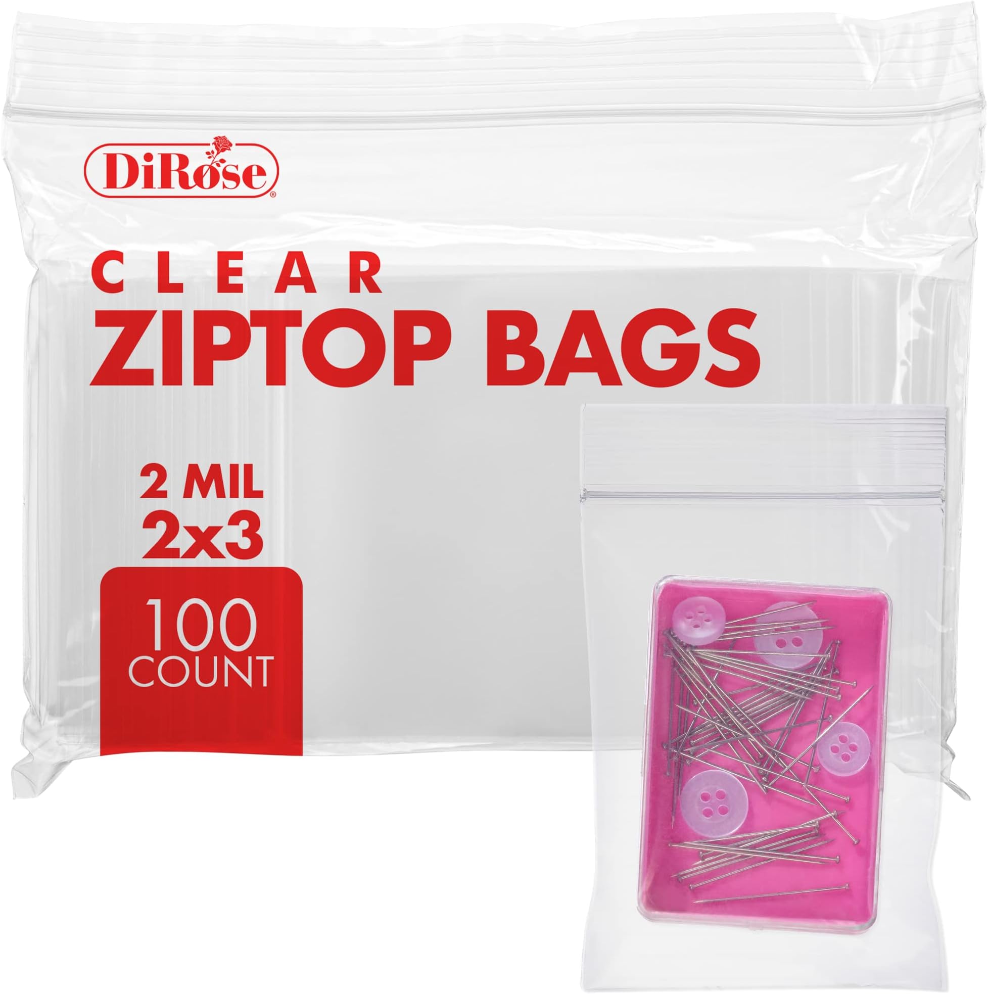 Reclosable Clear Plastic Zip Bags - By DiRose | Resealable, Strong, Thick, Sturdy | For Organizing, Travel, Shipping, Packaging, and Storage | 2x3 | 100 Pack