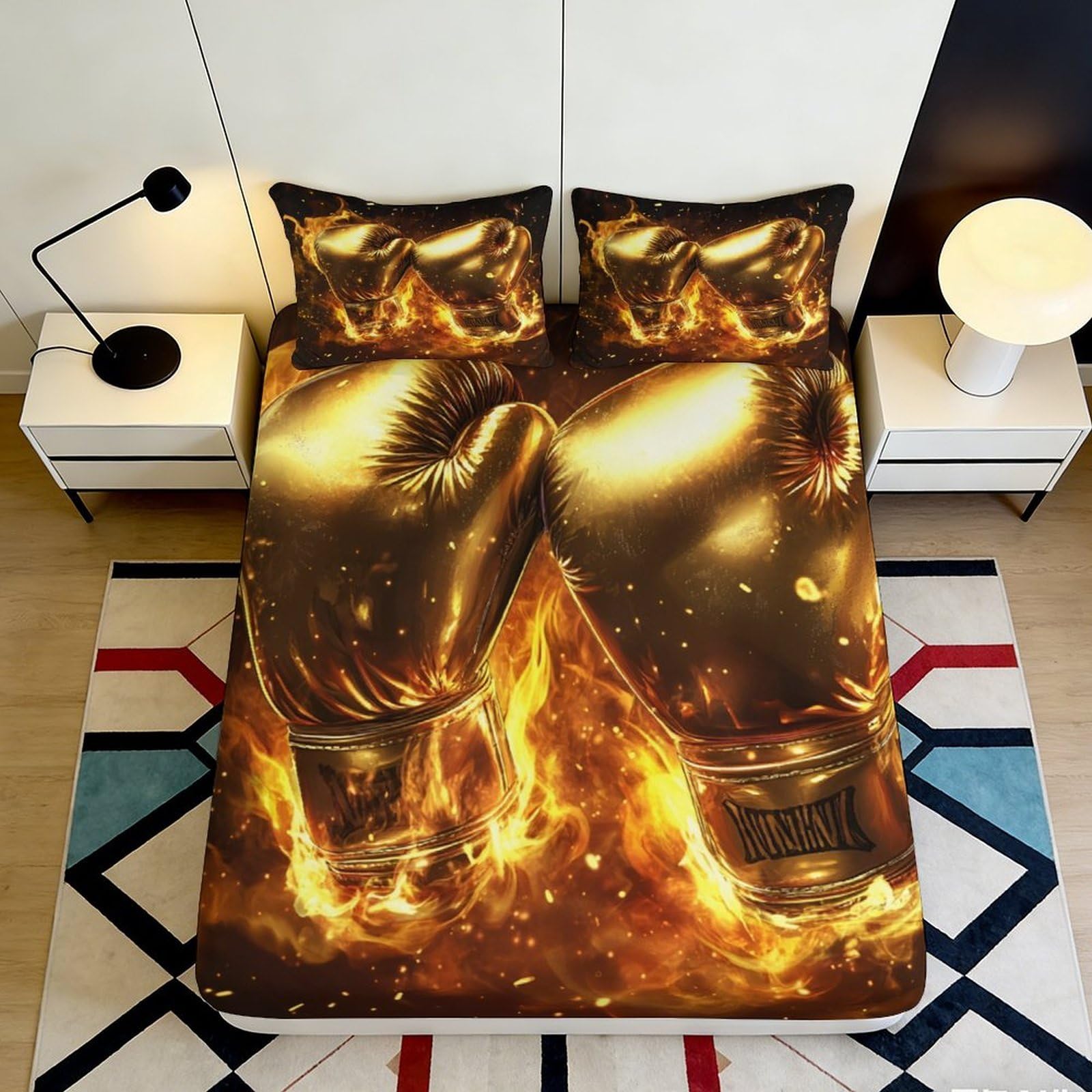 3D Printed Golden Boxing Gloves Fitted Sheet Microfiber Deep Pocket Non-Slip for Adults Bedroom Bedding Golden Boxing Gloves Mattress Fitted Cover 140x200x25cm