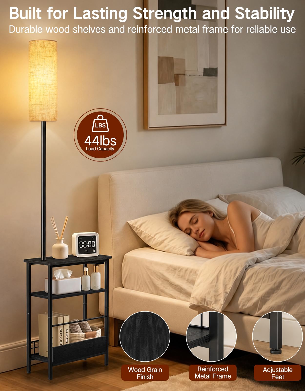 Lámpara de Pie con Mesa y Puertos USB-A/USB-C | Mando a Distancia, 3 Temperaturas de Color, Regulación Continua y Diseño Estrecho para Dormitorio y Salón