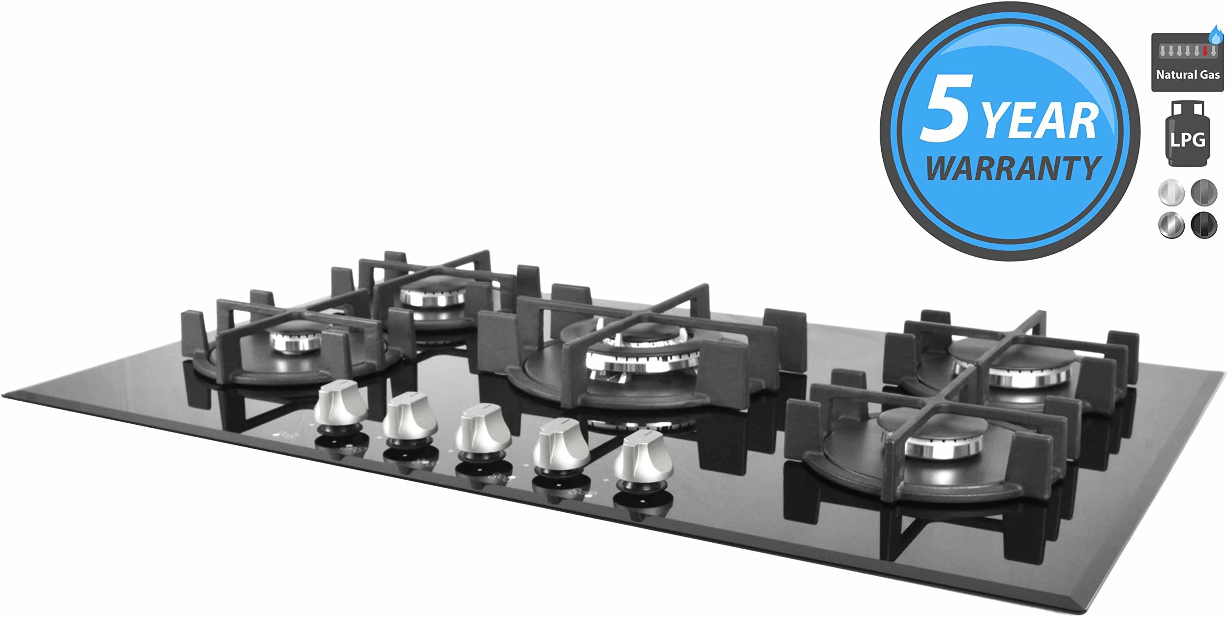 90cm Gas on Glass Cooking Hob with 5 Burners and Front Control (Natural Gas & LPG) JSI-UK 9110-08J