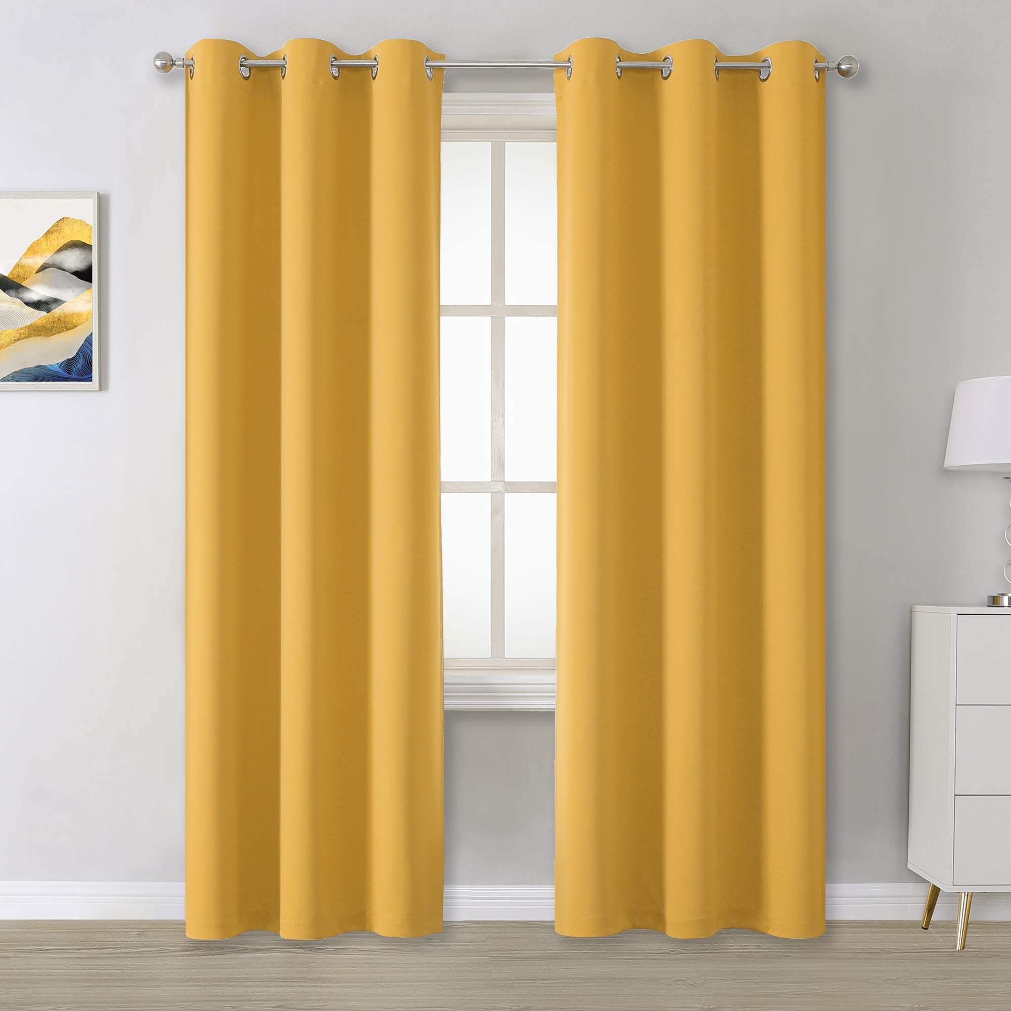 DUALIFE Cortinas amarillas para oscurecer la habitación con ojales, paneles de cortina opacas color amarillo mostaza para dormitorio, cortinas de ventana para sala de estar, aislamiento térmico, 42