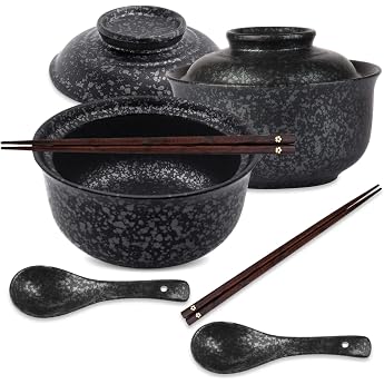 Ceramic Ramen Bowl Set 800 ml Japanese Vintage Soup Bowls Asian Tableware with Lid Spoon and Chopsticks Ramen Bowl Bowl for Ramen Salad Cereal Black Pack of 2