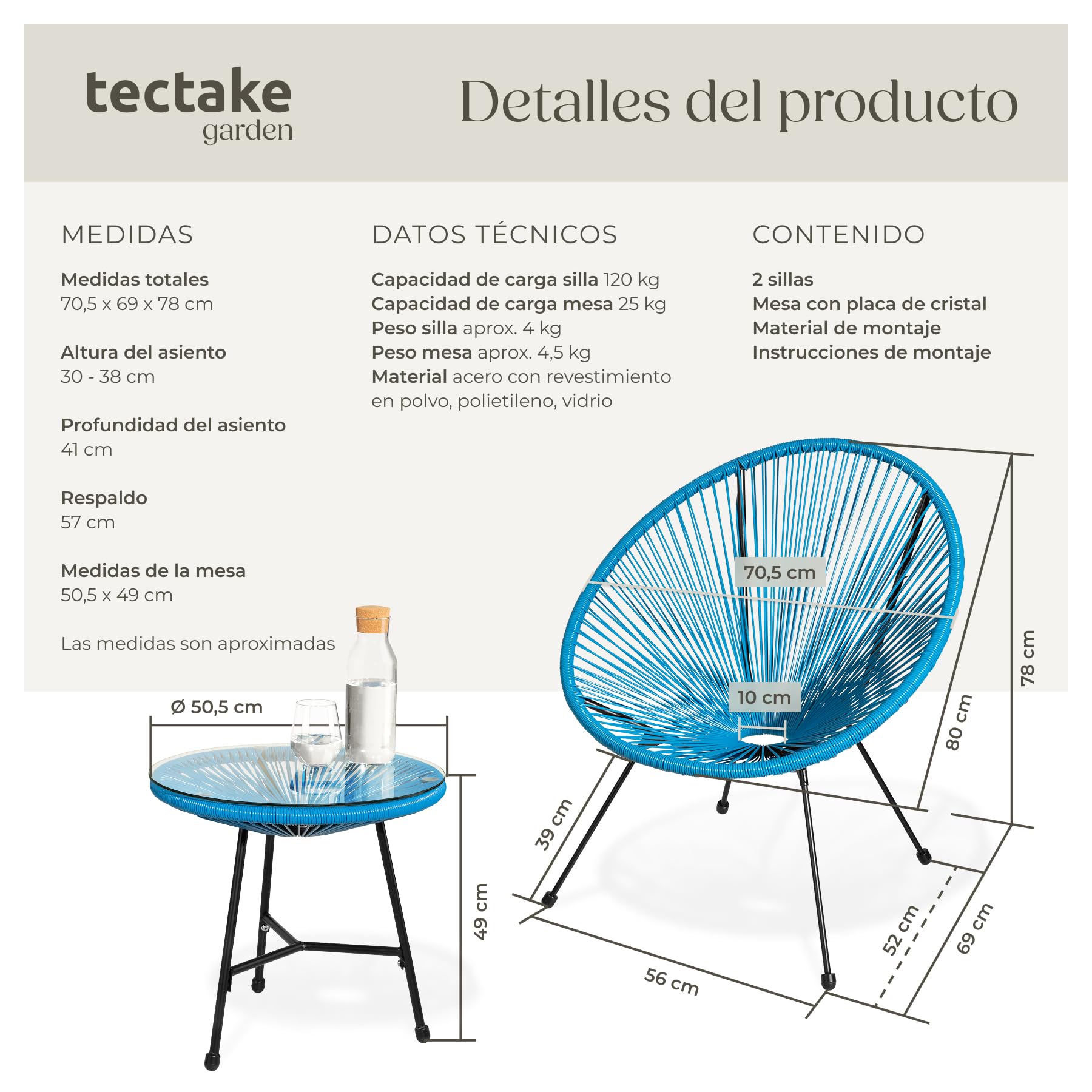 tectake® Conjunto Muebles Jardín Exterior de Acero, Estilo Acapulco, 2 Sillas y 1 Mesa con Cristal, Mesa y Sillas de Terraza Resistentes a Intemperie,Topes en Patas, para Interior y Exterior - azul